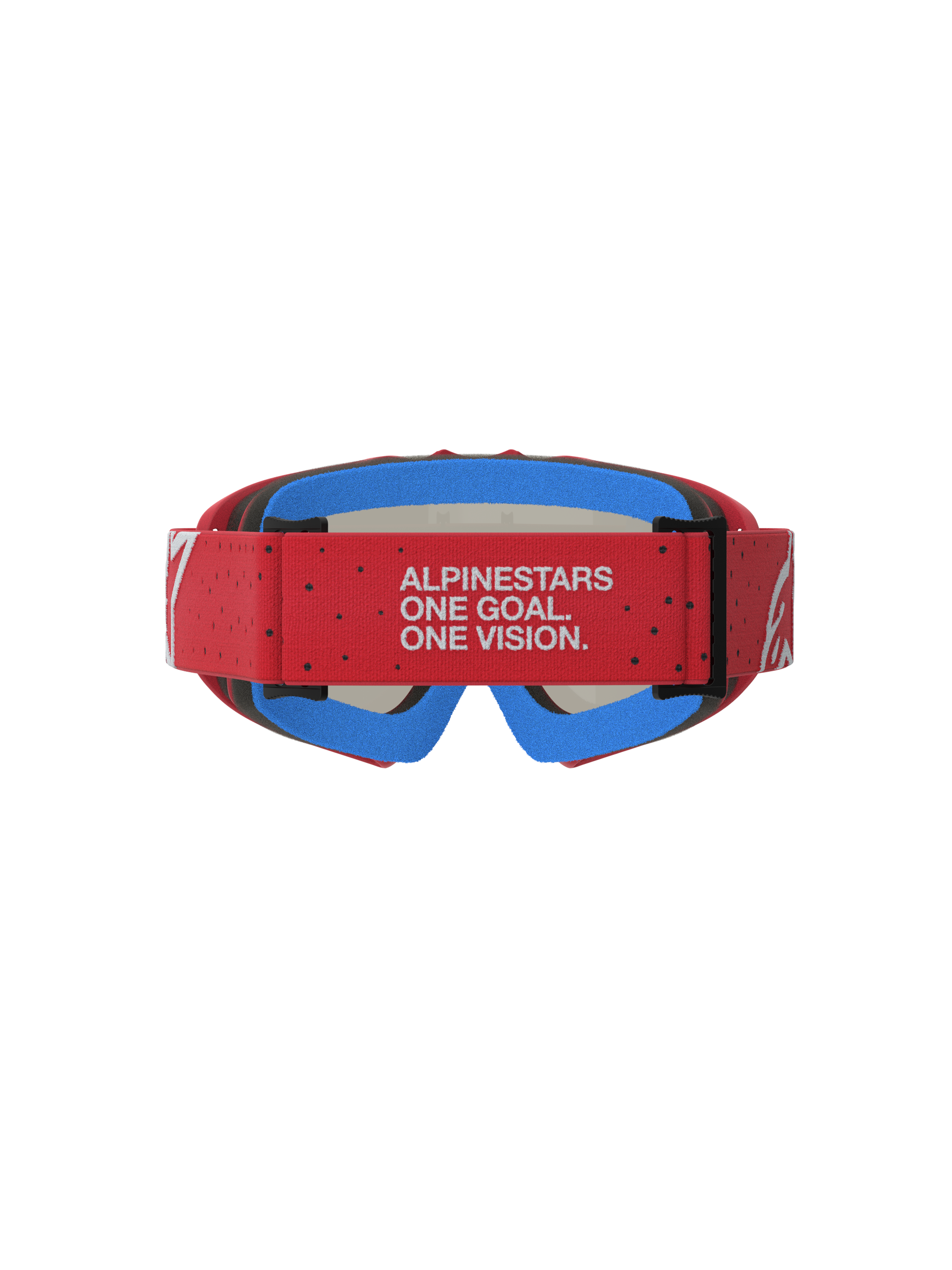 Alpinestars Vision Vesta Jugend-Schutzbrille, Rückansicht mit rotem Band, weißer Markenschriftzug, blauer Gesichtsschaum.