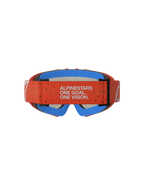 Alpinestars Vision Jugend-Schutzbrille Vesta, Motocross-Brille, Orange und Blau, mit Markenmotto auf dem Brillenband.