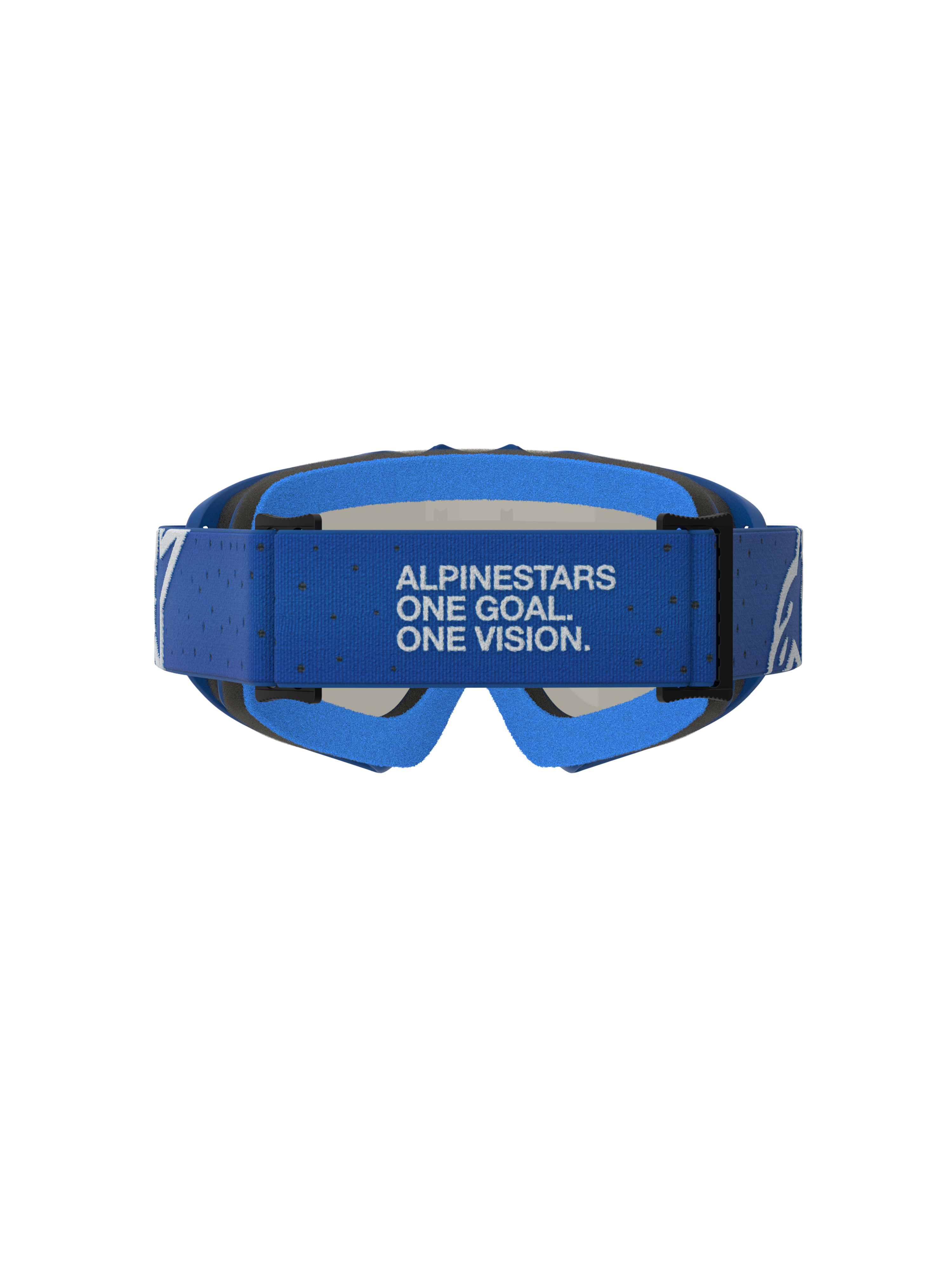 Alpinestars Vision Jugend-Schutzbrille Vesta, blau-weiße Motocross-Schutzbrille für Kinder, Rückansicht mit markiertem Brillenband.