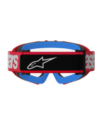 Alpinestars Vision Youth Blaze Goggles, Red and Clear, rear view showing a red woven strap with a black logo patch and white branding, bright blue face foam, and a clear anti-fog lens, designed for youth motocross racing.