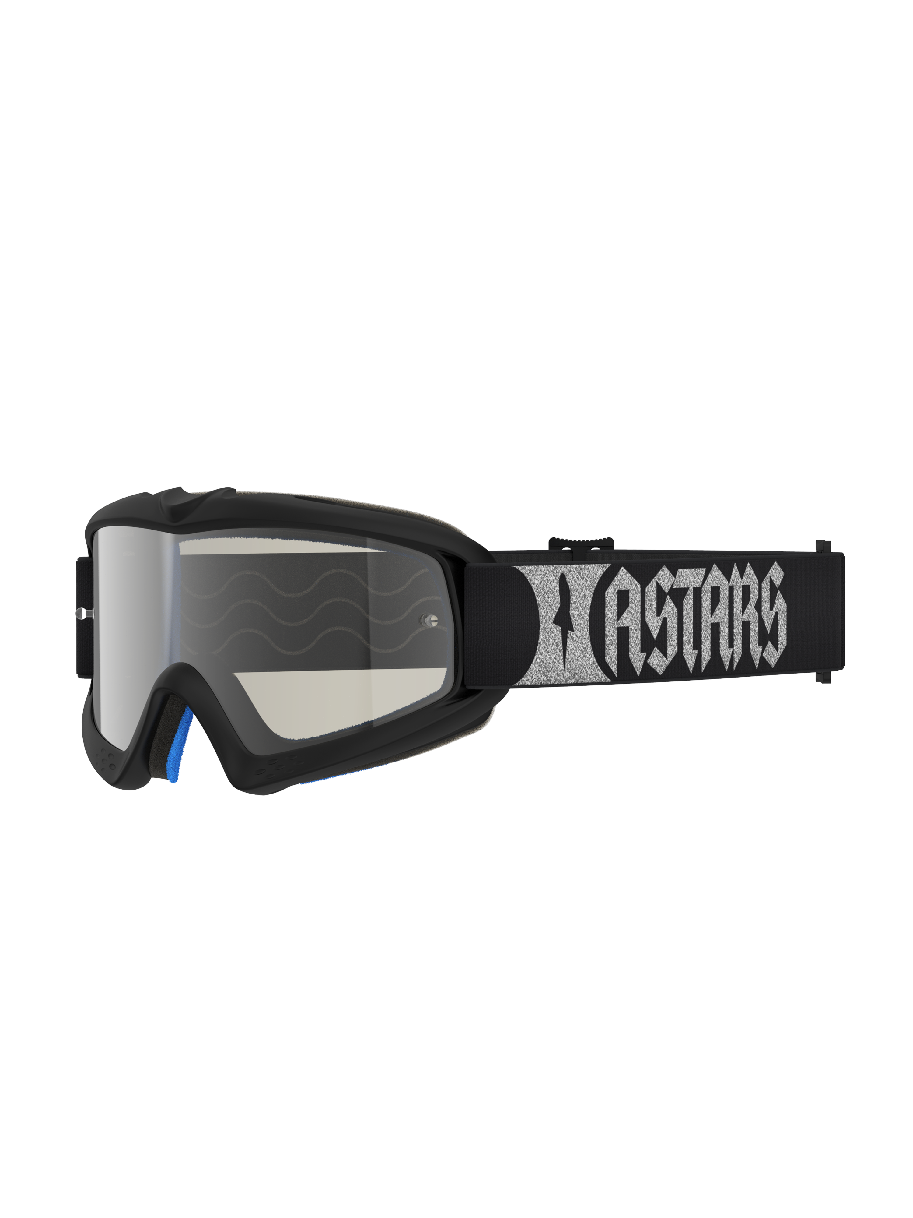 Alpinestars Vision Youth Atrox Goggles, youth motocross eyewear in black and silver with a silver mirror lens and woven strap.