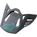 Alpinestars S-M8 Helmvisier, Radium Blau-Grau-Grün, dunkelgraues Ersatz-Helmschild mit einem türkisfarbenen Alpinestars Stern-Logo, geometrische Ausschnitte und kantiges mattes Design für Motocross-Helme