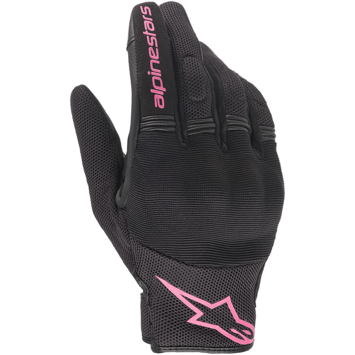 Alpinestars Stella Copper Damen-Handschuhe, Urbane Motorradhandschuhe, Schwarz und Fuchsia, atmungsaktives Mesh-Gewebe mit abgedecktem Hartschalen-Knöchelschutz, pinkfarbenes Alpinestars-Branding auf Zeigefinger und Manschette