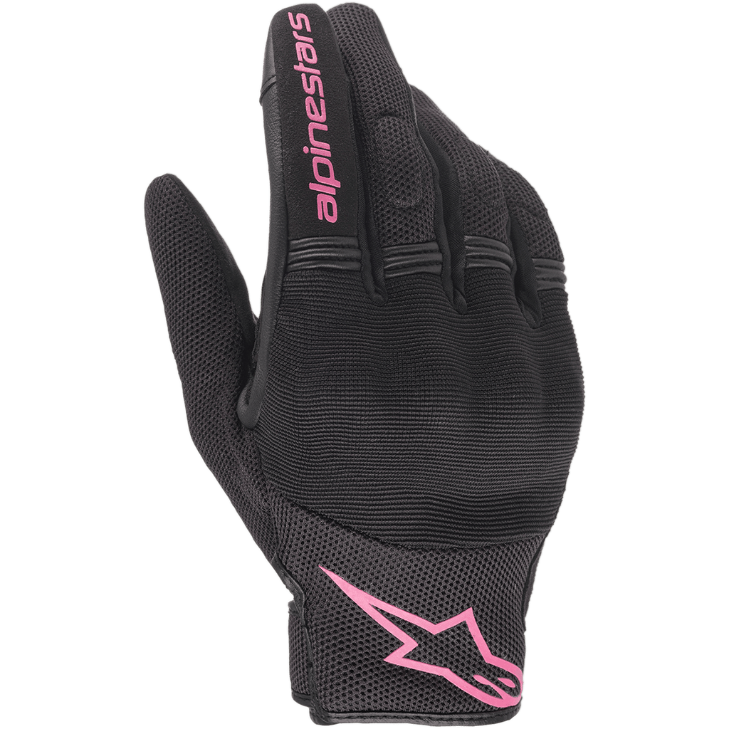Alpinestars Stella Copper Damen-Handschuhe, Urbane Motorradhandschuhe, Schwarz und Fuchsia, atmungsaktives Mesh-Gewebe mit abgedecktem Hartschalen-Knöchelschutz, pinkfarbenes Alpinestars-Branding auf Zeigefinger und Manschette