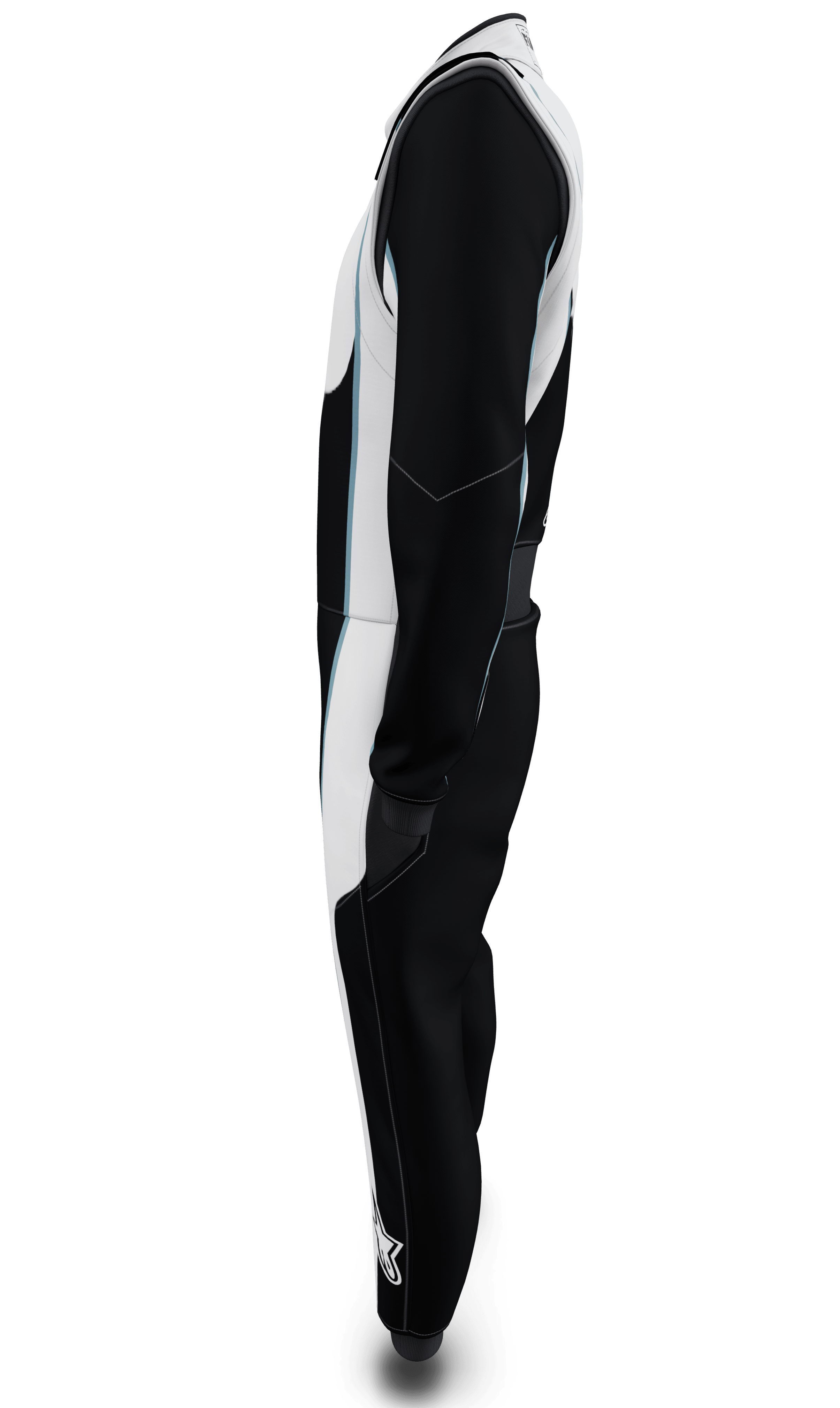 Alpinestars Tech Vision V3 Adjusted Length Custom Suit in Black and White with blue accents, FIA racing suit, side profile.
