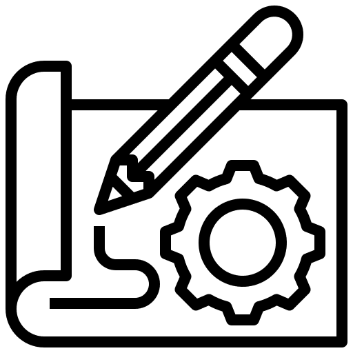Alpinestars Engineering- und Design-Icon, Schwarz-Weiß-Strichzeichnung eines Bleistifts auf aufgerolltem Papier mit einem Zahnrad-Symbol, minimalistische technische Illustration