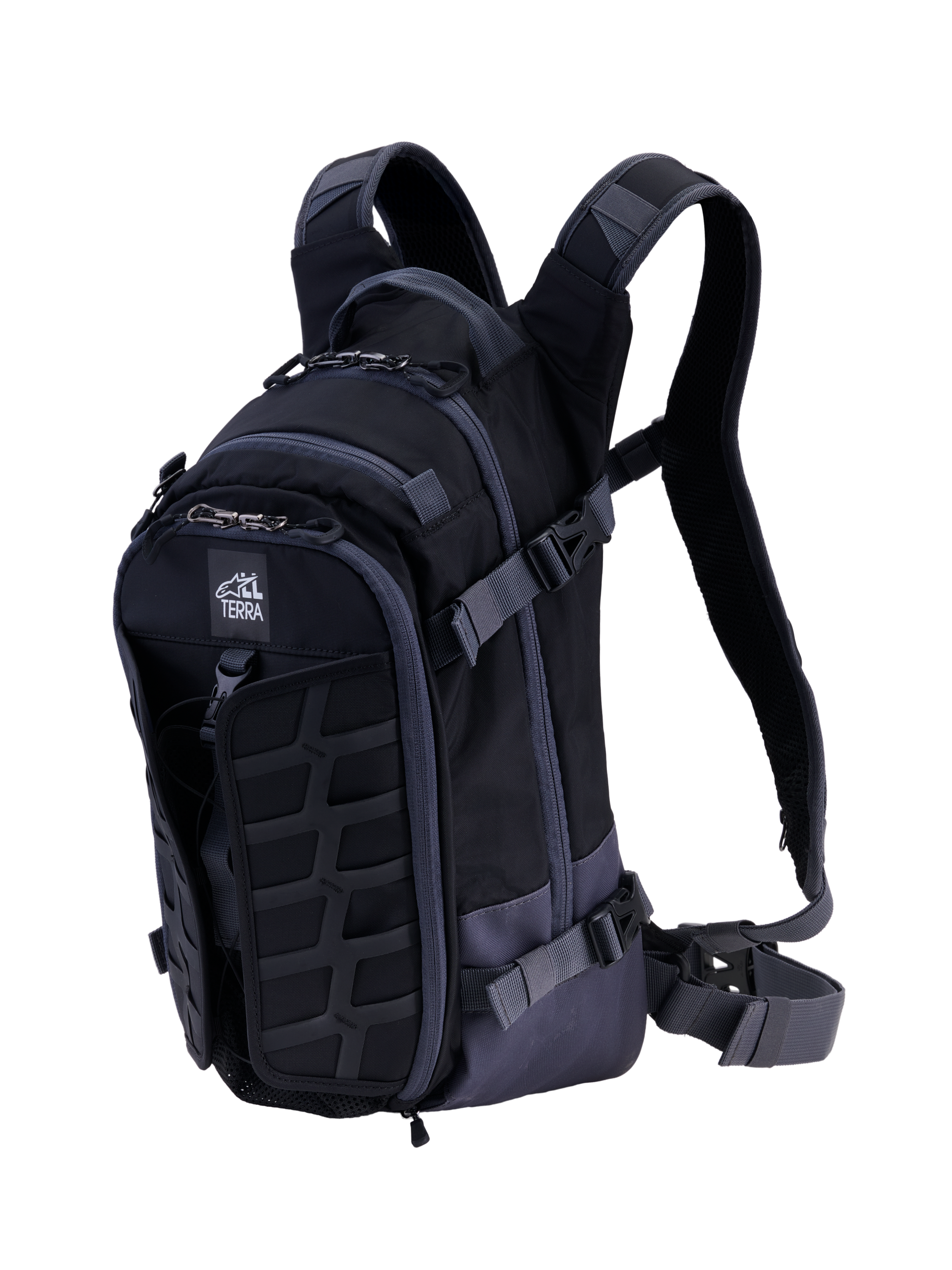 Alpinestars AT-15 Back Pack, technical motorcycle backpack, Black and Deep Gray, featuring a rugged front MOLLE panel, adjustable compression straps, padded shoulder straps with magnetic chest lock, and All Terra logo, designed for adventure off-road riding