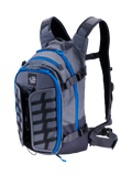 Alpinestars AT-15 Back Pack, Adventure Motorcycle Backpack, Dark Gray and Deep Gray with bright blue zipper trim, front-quarter view showing the 'ALL TERRA' logo, expandable front panel, and technical ergonomic strap system.