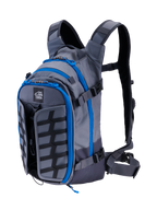 Alpinestars AT-15 Back Pack, Adventure Motorcycle Backpack, Dark Gray and Deep Gray with bright blue zipper trim, front-quarter view showing the 'ALL TERRA' logo, expandable front panel, and technical ergonomic strap system.