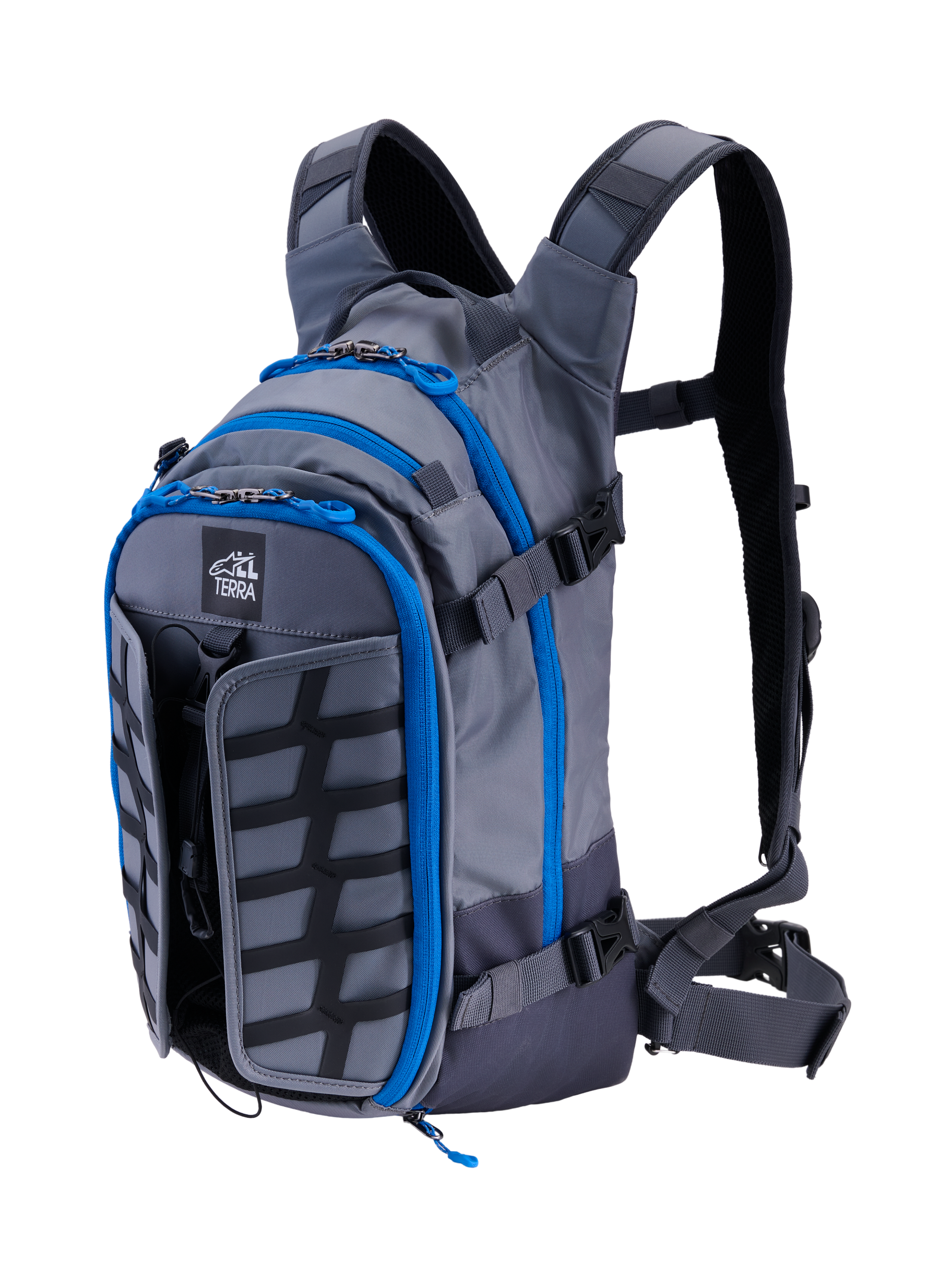 Alpinestars AT-15 Back Pack, Adventure Motorcycle Backpack, Dark Gray and Deep Gray with bright blue zipper trim, front-quarter view showing the 'ALL TERRA' logo, expandable front panel, and technical ergonomic strap system.