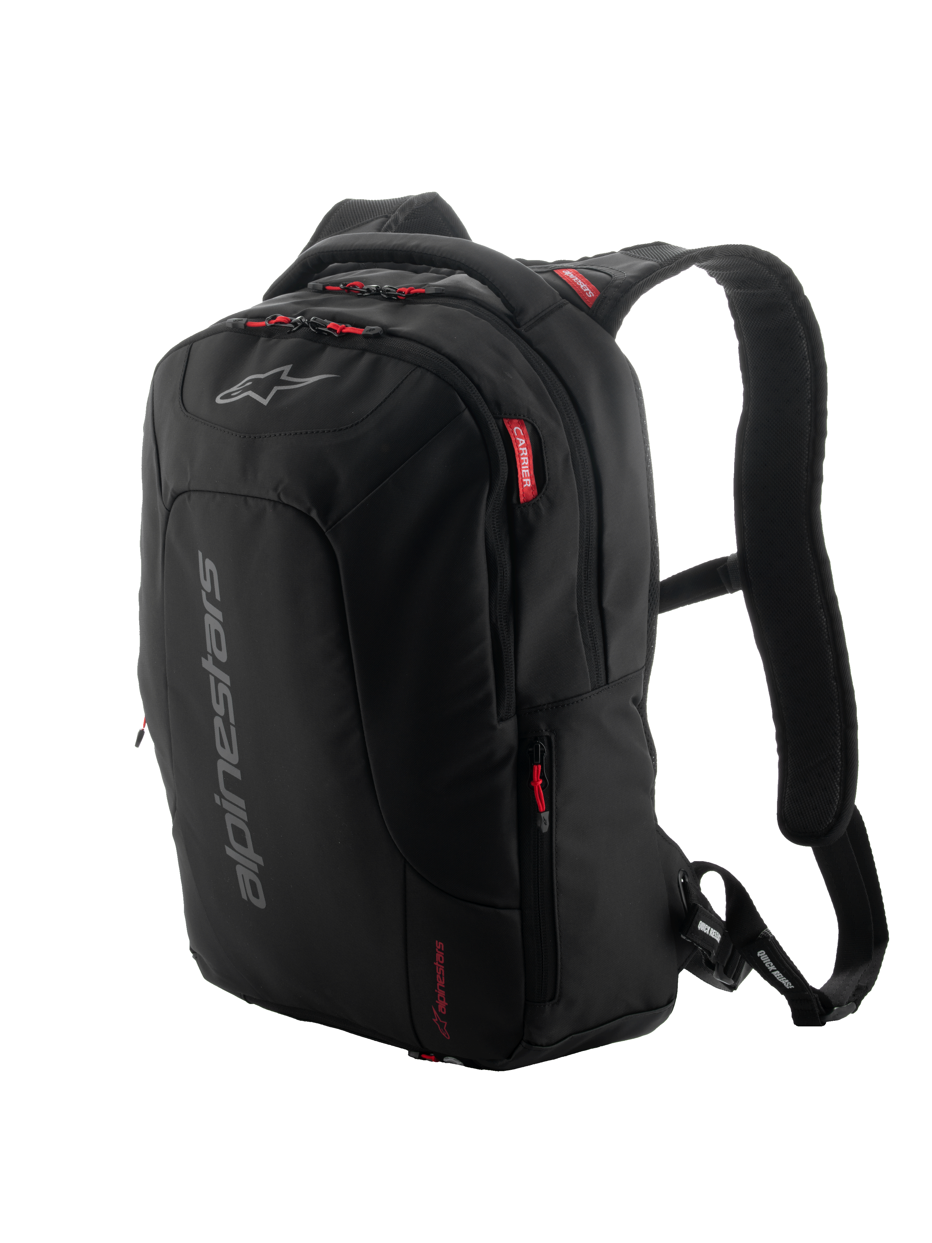 Alpinestars City Hunter V2 Backpack, Urban Motorcycle Backpack, Black with Red Zipper Pulls and Accents, Grey Vertical Branding, Padded Mesh Shoulder Straps, Sleek Tapered Design for Riding Stability