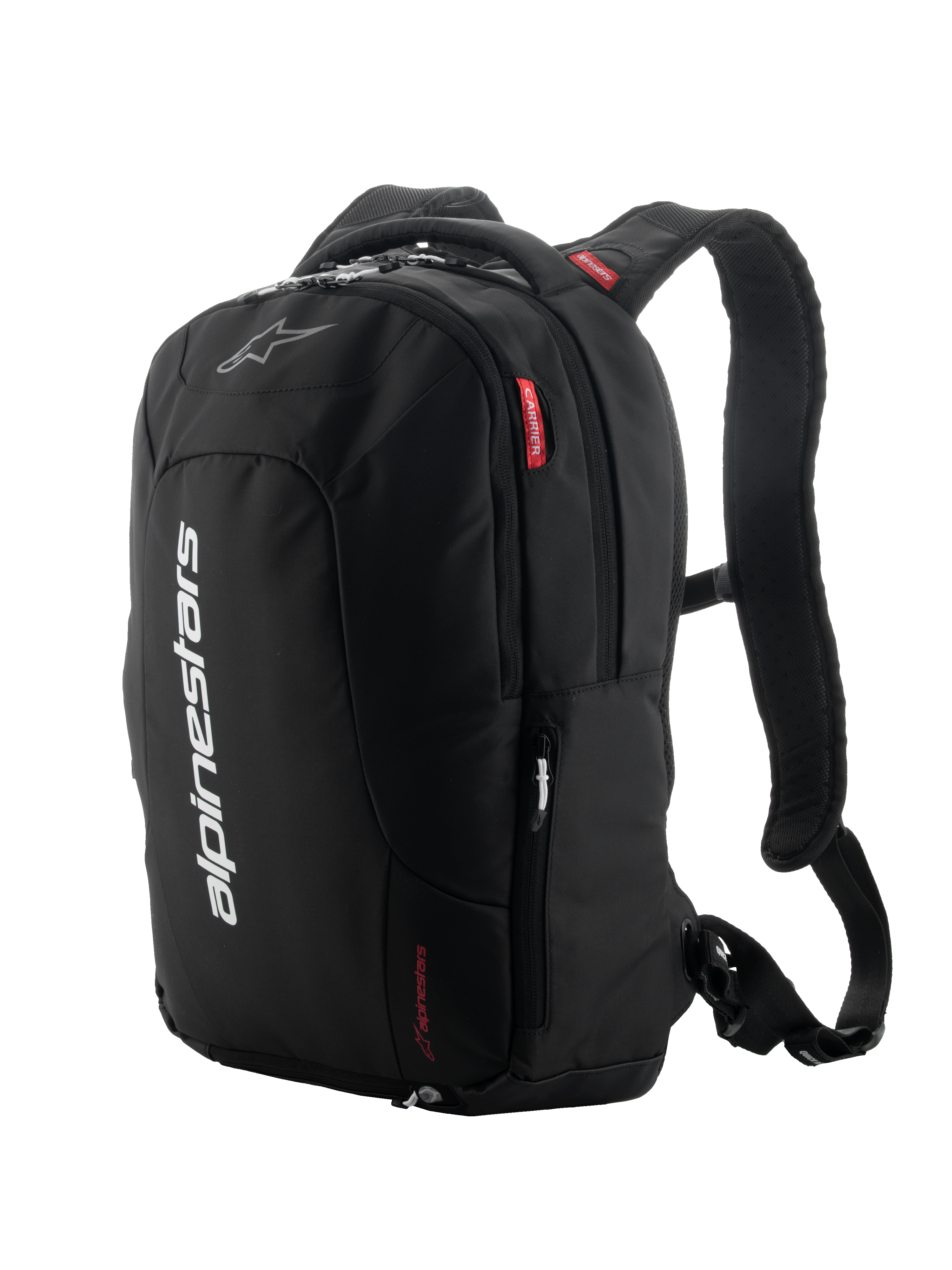 Alpinestars City Hunter V2 Rucksack, Schwarz mit weißen und roten Akzenten, urbaner Motorradrucksack, gepolsterte Mesh-Schultergurte, mehrere Reißverschlussfächer, vertikales weißes Branding und rote Logo-Details, ergonomisches Design für Fahrer