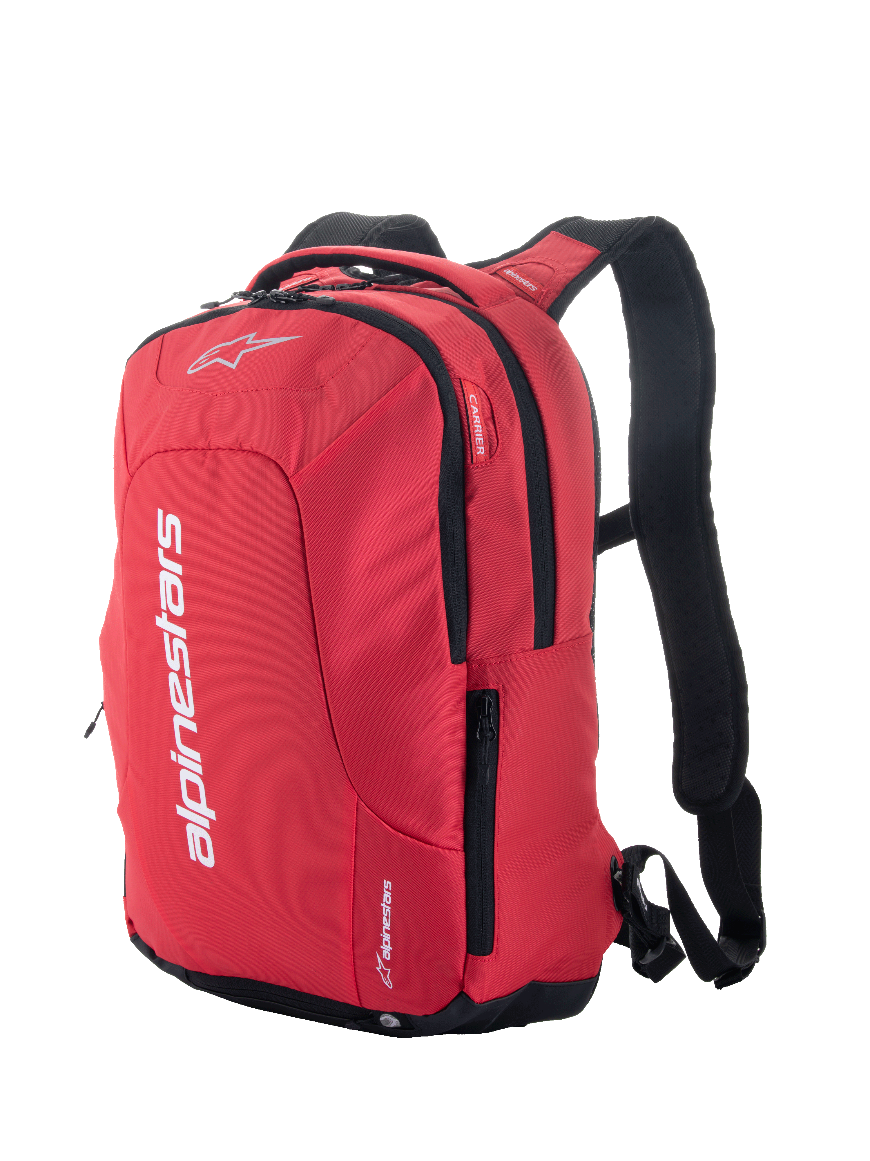 Alpinestars City Hunter V2 Backpack, Red and Black, urban motorcycle backpack featuring bold white branding, side zippered pockets, padded mesh shoulder straps, and a streamlined design for riders