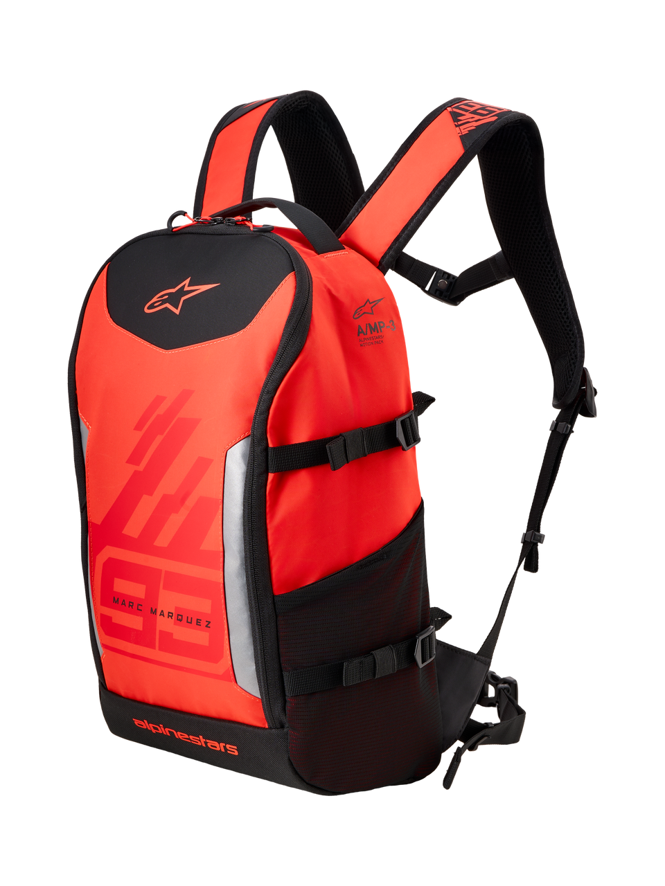 Alpinestars MM93 AMP3 Rucksack, Technischer Motorrad-Rucksack, Fluo-Rot und Hellrot mit schwarzen Akzenten, Marc Marquez 93 Branding und Alpinestars-Logos, verstellbare Schultergurte, seitliche Netztasche und strukturiertes Textildesign.