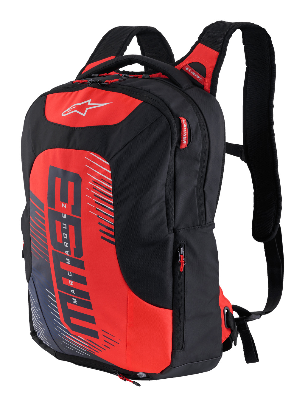 MM93 City Hunter V2 Rucksack, Schwarz und Rot, sportlicher Motorradrucksack mit ergonomisch gepolsterten Schultergurten, mehrere Fächer mit roten Reißverschlussschiebern, auffälliges rotes Frontpanel mit MM93-Logo und Marc Marquez Grafikelementen, strapazierfähiges Polygewebe, schlankes stromlinienförmiges Design