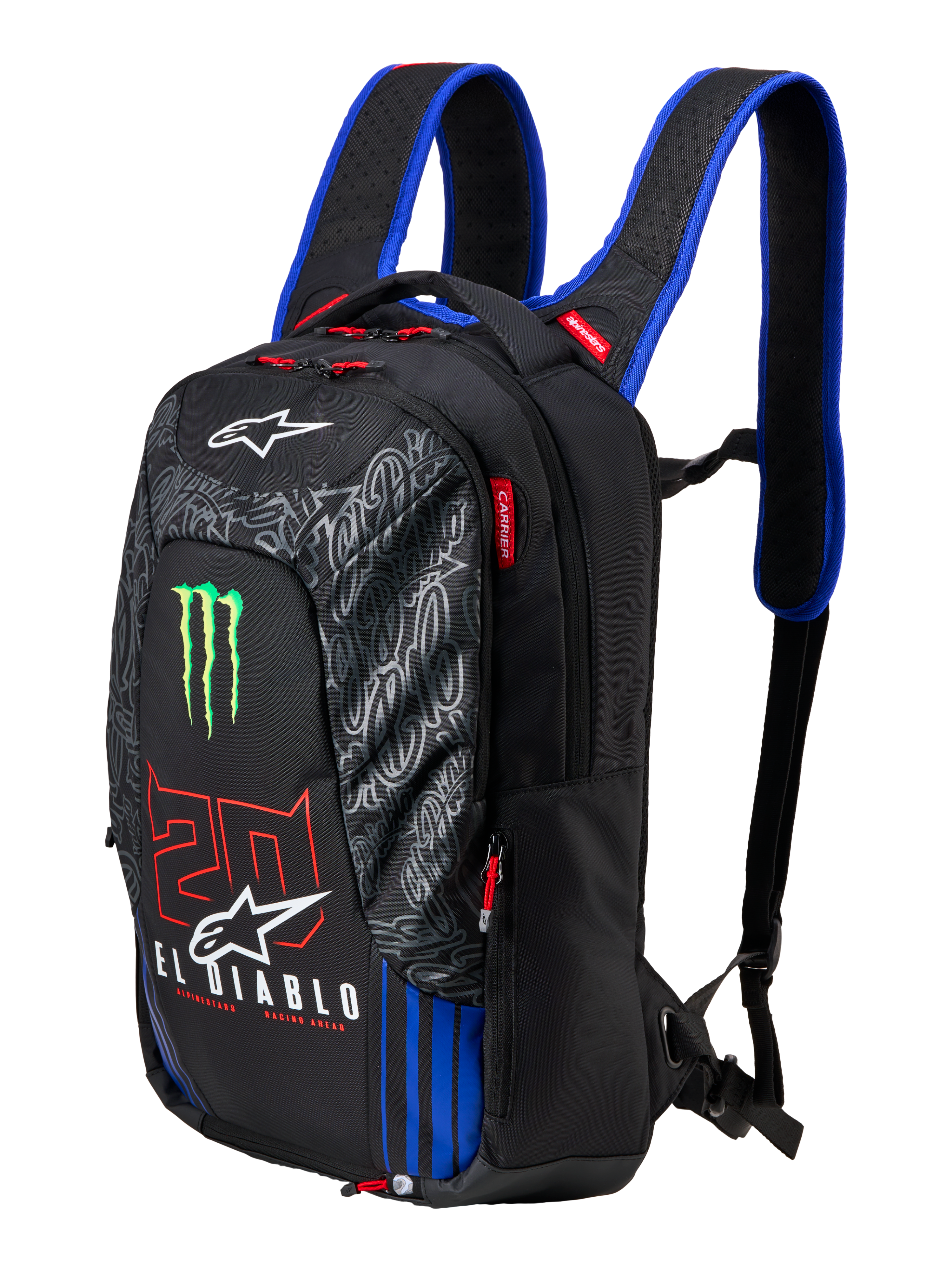 Alpinestars FQ20 City Hunter V2 Monster Rucksack, schwarzer Motorradrucksack mit blauen Schultergurten, mit grünem Monster Energy Krallen-Logo, rotem „20“ und weißem „El Diablo“ Branding, technische urbane Fahrerausrüstung mit verjüngtem Profil.