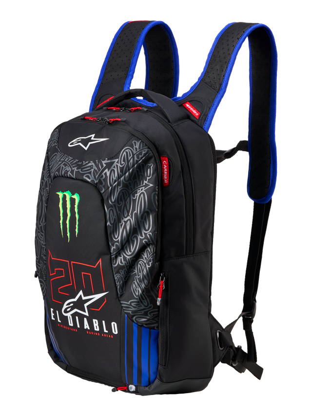 Alpinestars FQ20 City Hunter V2 Monster Backpack, black motorcycle backpack with blue shoulder straps, featuring green Monster Energy claw logo, red '20' and white 'El Diablo' branding, technical urban riding gear with tapered profile.