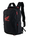 Honda City Hunter V2 Rucksack, Urbaner Motorrad-Rucksack, Schwarz und Hellrot, mit großem rotem Honda-Flügel-Logo und Alpinestars-Branding, mehrere Reißverschlussfächer mit roten Zippern, ergonomisches Design mit gepolsterten 3D-Mesh-Gurten