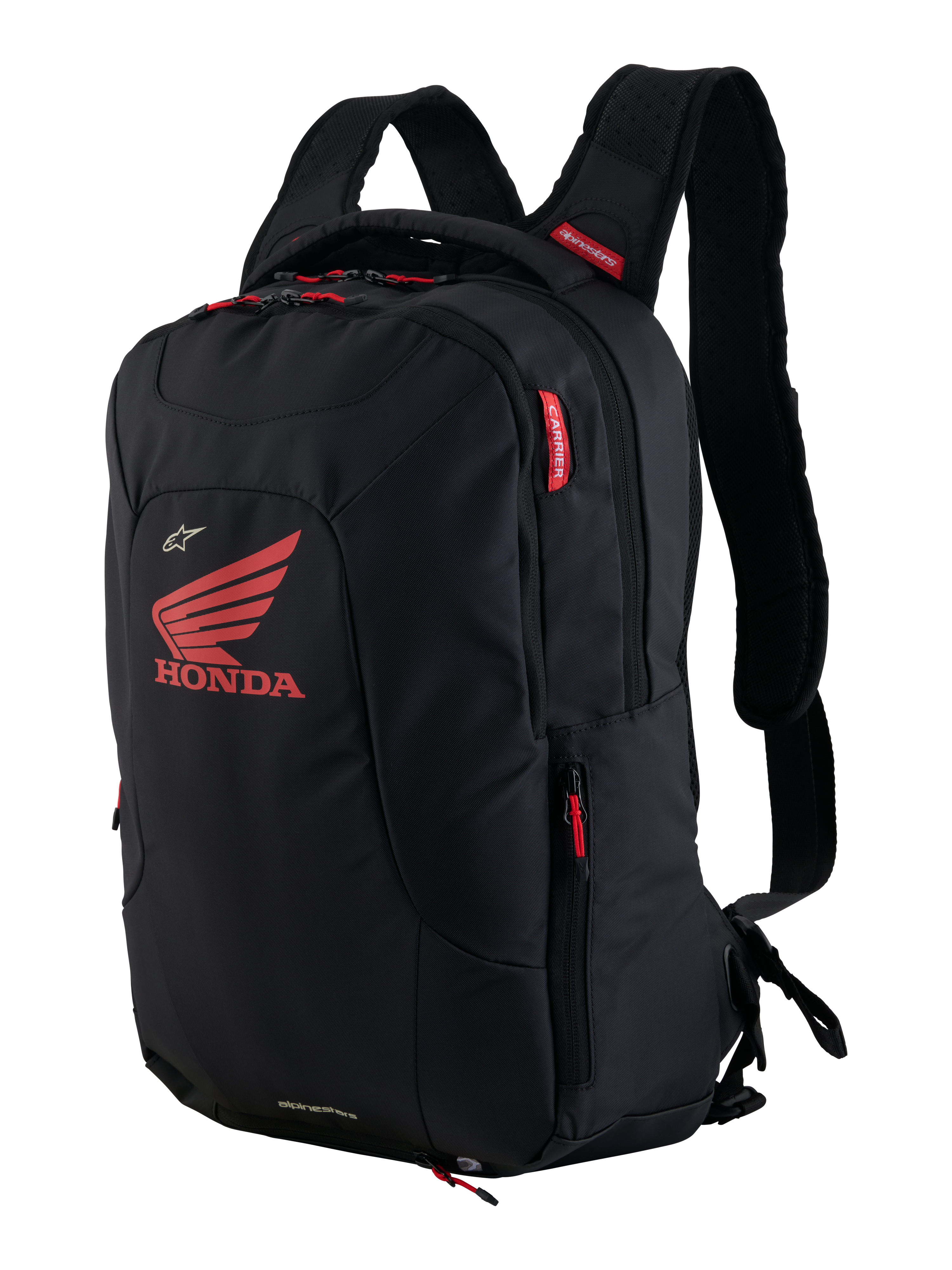 Honda City Hunter V2 Rucksack, Urbaner Motorrad-Rucksack, Schwarz und Hellrot, mit großem rotem Honda-Flügel-Logo und Alpinestars-Branding, mehrere Reißverschlussfächer mit roten Zippern, ergonomisches Design mit gepolsterten 3D-Mesh-Gurten