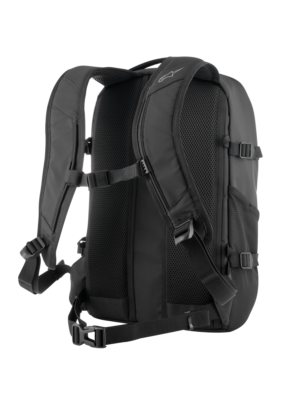 Alpinestars AMP3 Rucksack in Schwarz, Rückansicht mit atmungsaktivem 3D-Mesh-Rückenpolster mit Luftkanälen, verstellbaren ergonomischen Schultergurten, Brustverschluss und Hüftgurt für das Motorradfahren.