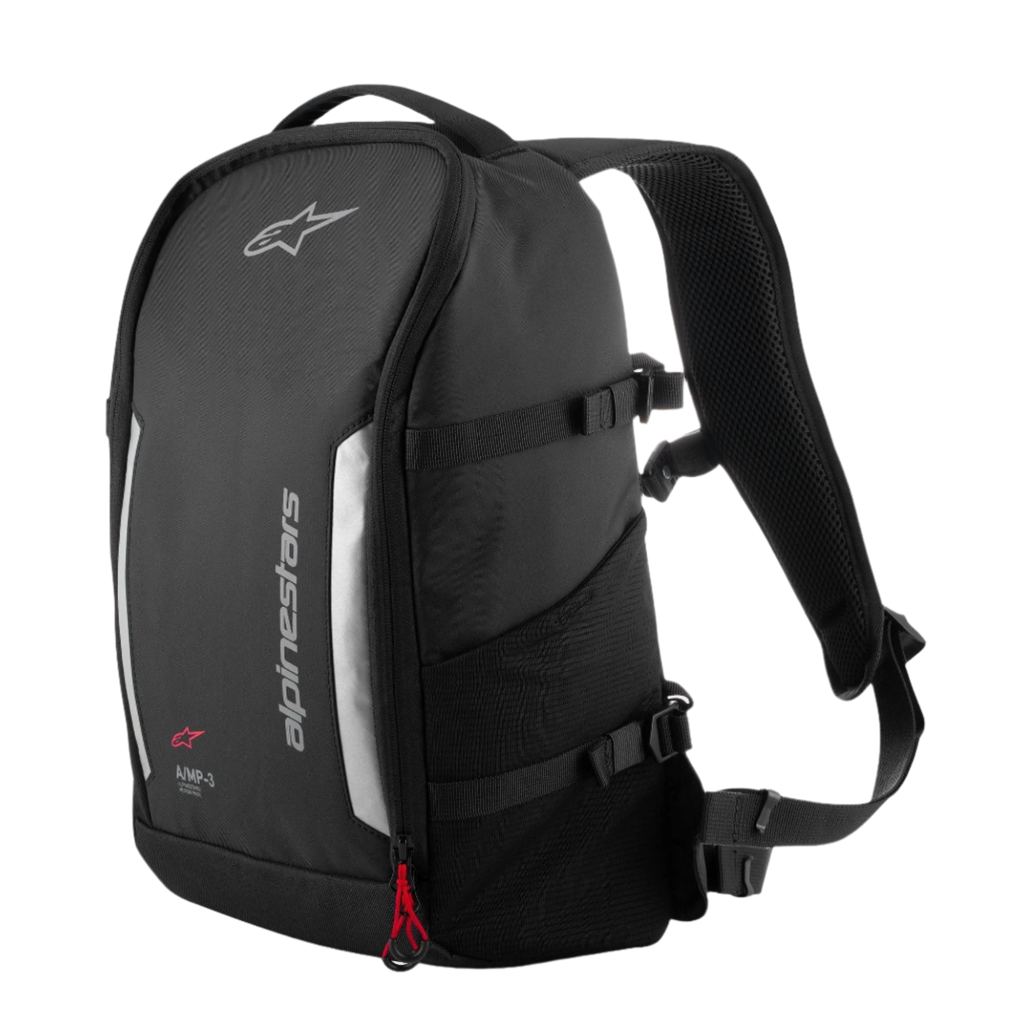 Alpinestars AMP3 Rucksack, technischer Motorradrucksack, Schwarz, mit grauen reflektierenden Einsätzen und vertikalem Alpinestars-Branding, rotem Reißverschluss-Akzent, seitlichen Kompressionsriemen und Netztasche, 17 Liter Fassungsvermögen für Straßen- und Stadtfahrten
