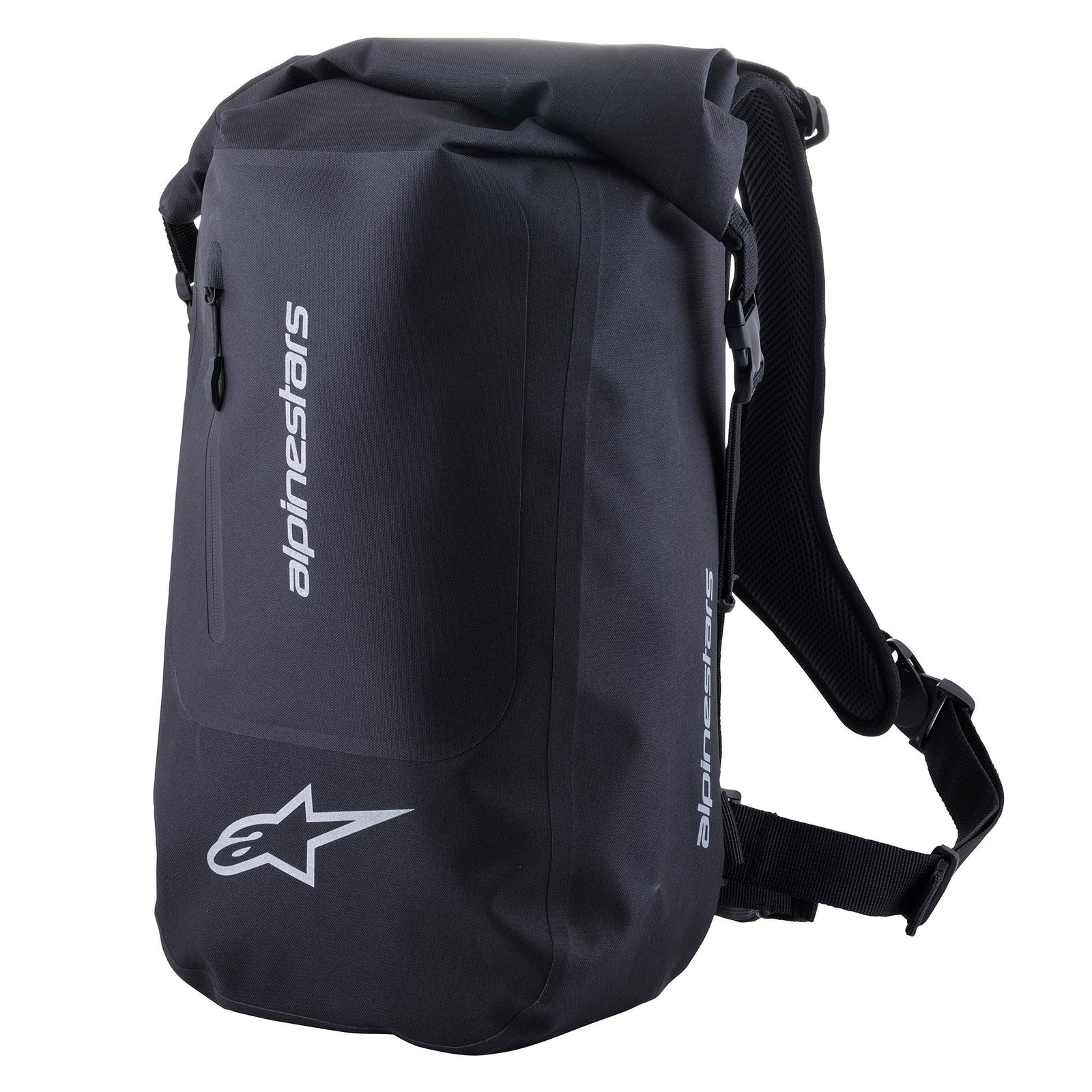 Alpinestars Sealed Sport Pack, wasserdichter Motorrad-Rucksack, Schwarz, mit weißem Astar-Logo und vertikalem Alpinestars-Schriftzug, Roll-Top-Verschluss, verstellbare Schultergurte mit Mesh-Polsterung, 23 Liter Fassungsvermögen
