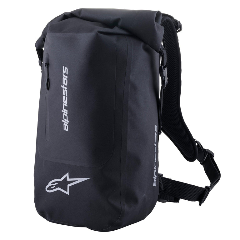 Alpinestars Sealed Sport Pack, wasserdichter Motorrad-Rucksack, Schwarz, mit weißem Astar-Logo und vertikalem Alpinestars-Schriftzug, Roll-Top-Verschluss, verstellbare Schultergurte mit Mesh-Polsterung, 23 Liter Fassungsvermögen