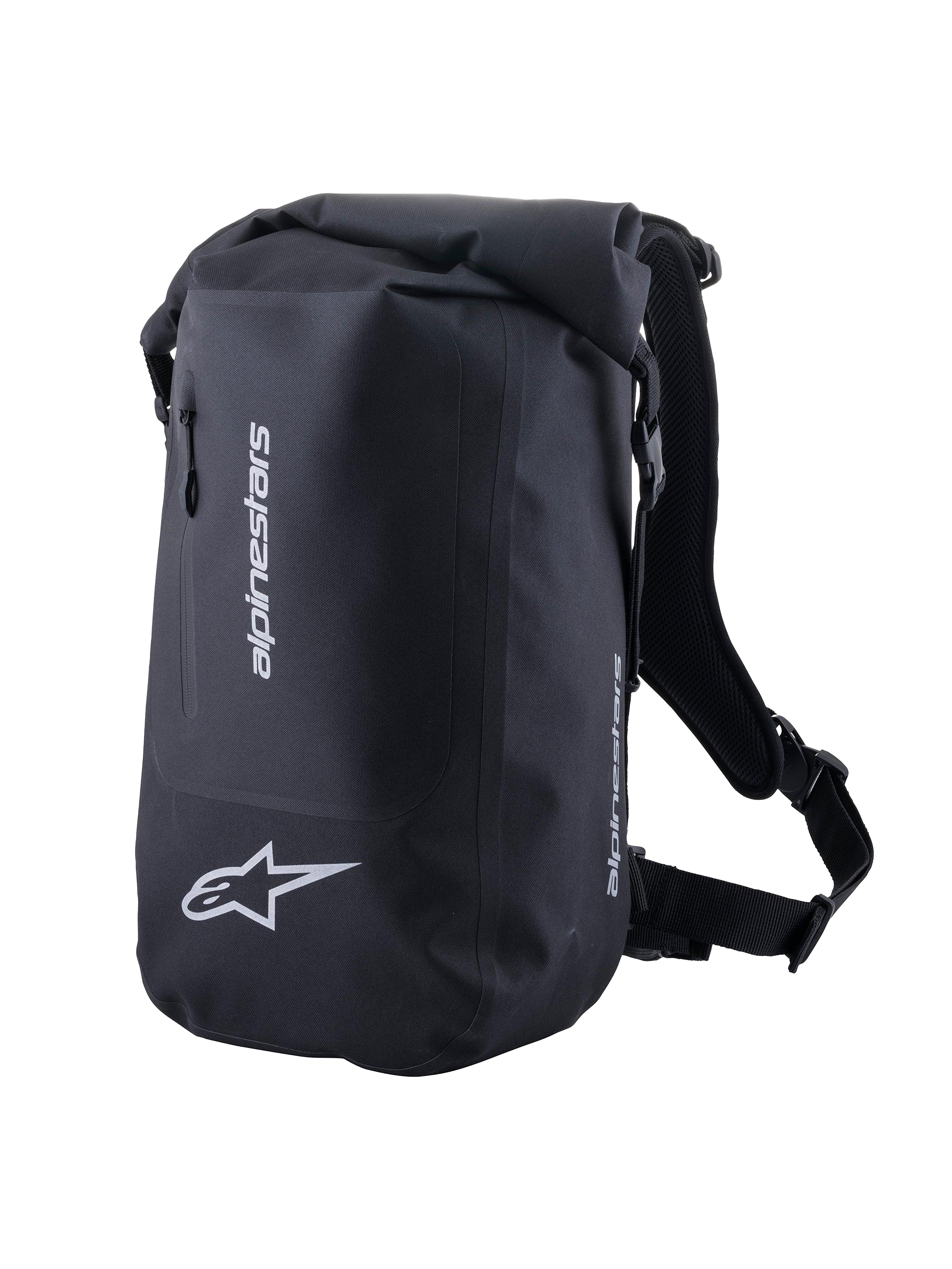Alpinestars Sealed Sporttasche, wasserdichter Motorradrucksack für sportliches Fahren, Schwarz, silberne reflektierende Logos, Rolltop-Verschluss, 23 Liter Fassungsvermögen.