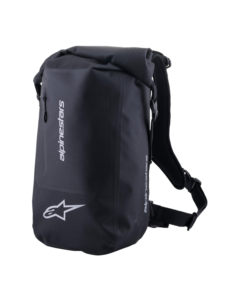 Alpinestars Sealed Sporttasche, wasserdichter Motorradrucksack für sportliches Fahren, Schwarz, silberne reflektierende Logos, Rolltop-Verschluss, 23 Liter Fassungsvermögen.