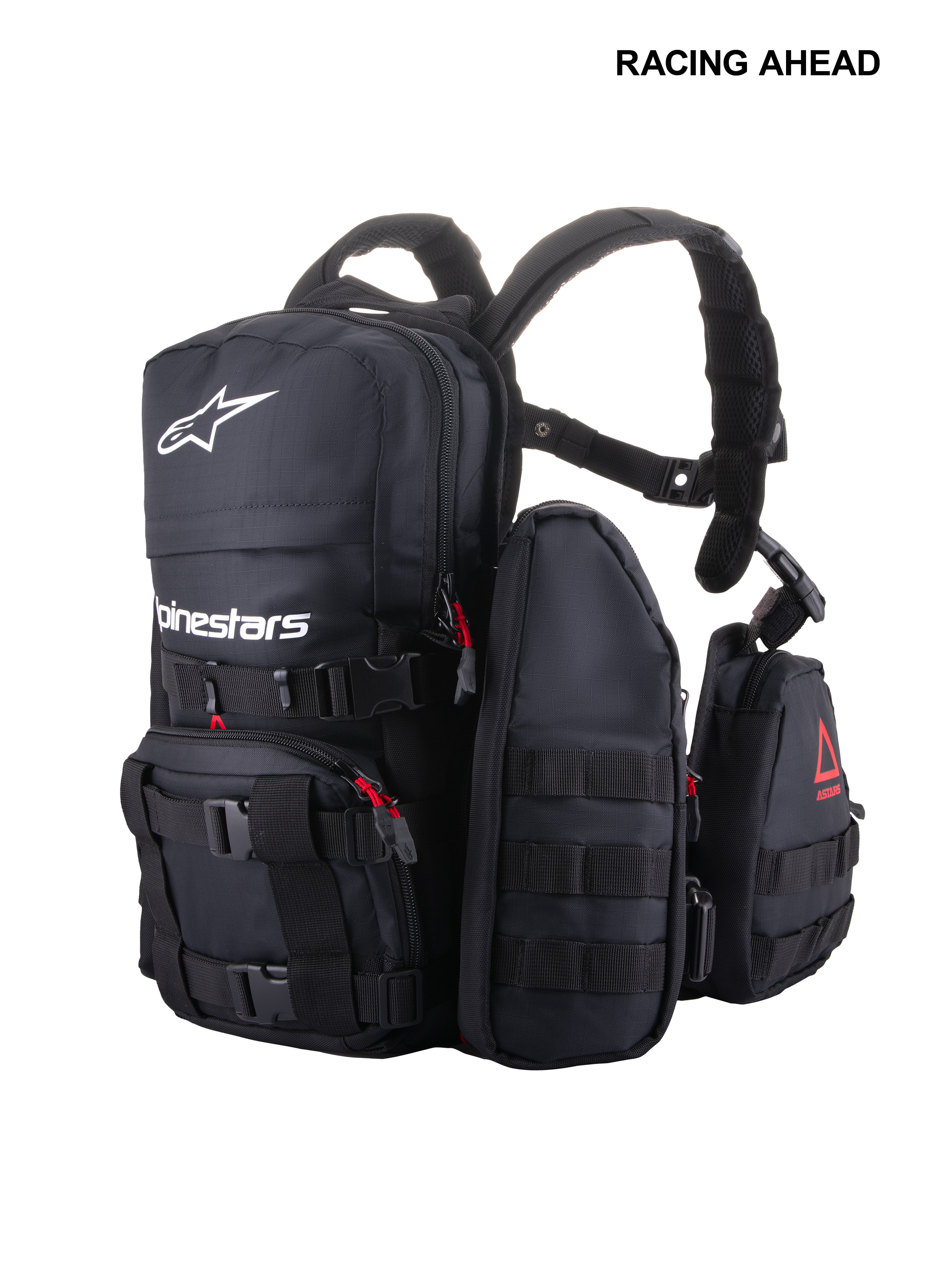 Alpinestars Techdura Tactical Pack, modular off-road and enduro backpack, Black with white Alpinestars logo, featuring MOLLE webbing, multiple removable pouches, and heavy-duty poly-fabric construction for trail storage.
