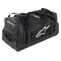 Alpinestars Komodo Reisetasche, Ausrüstungstasche mit großem Fassungsvermögen, Schwarz mit weißen Alpinestars-Logos, mit robusten Rollen, verstärkten Griffen und mehreren Reißverschlussfächern für die organisierte Aufbewahrung von Rennausrüstung