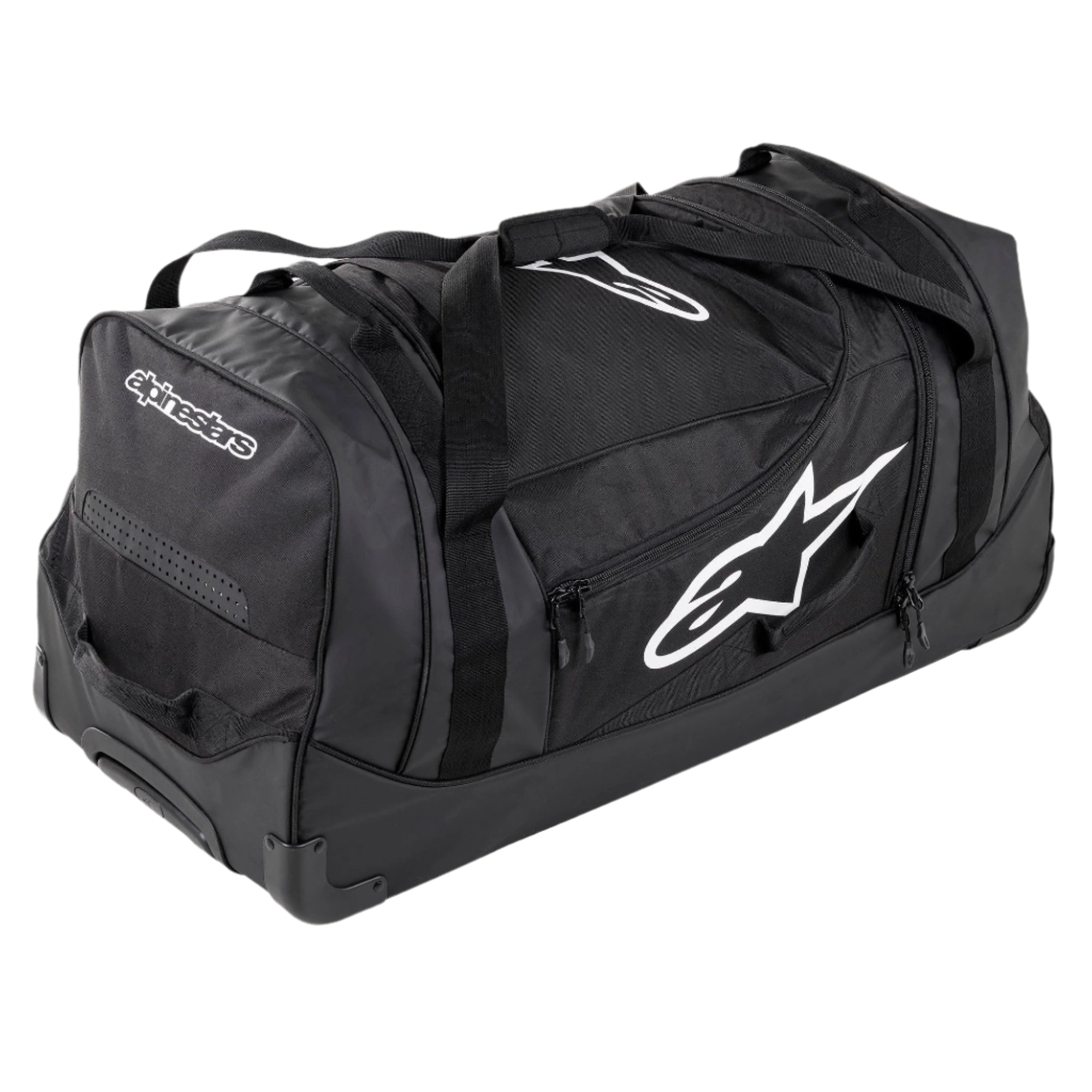 Alpinestars Komodo Reisetasche, Ausrüstungstasche mit großem Fassungsvermögen, Schwarz mit weißen Alpinestars-Logos, mit robusten Rollen, verstärkten Griffen und mehreren Reißverschlussfächern für die organisierte Aufbewahrung von Rennausrüstung