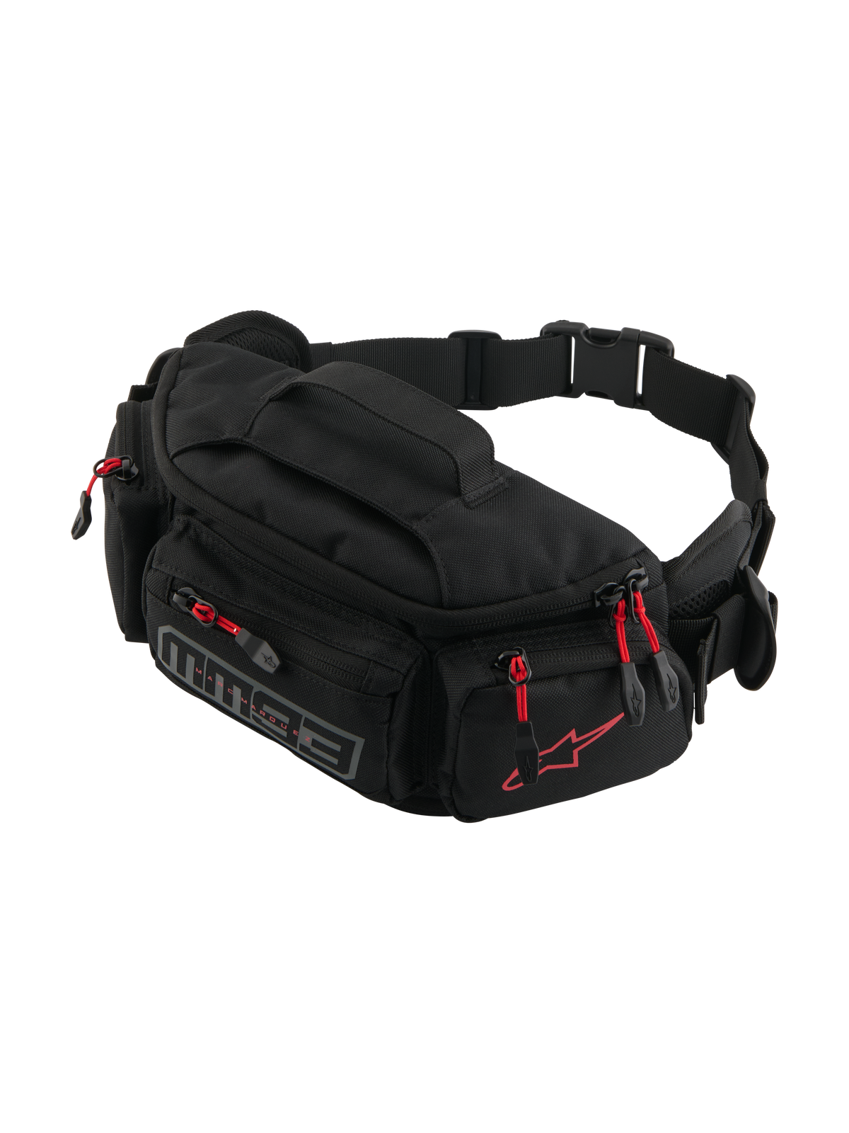 Alpinestars MM93 Waist Bag, Motorcycle Hip Pack, Black with Red Zipper Pulls, multiple zippered compartments, adjustable belt with buckle, featuring red Alpinestars logo and grey MM93 branding, durable water-resistant textile