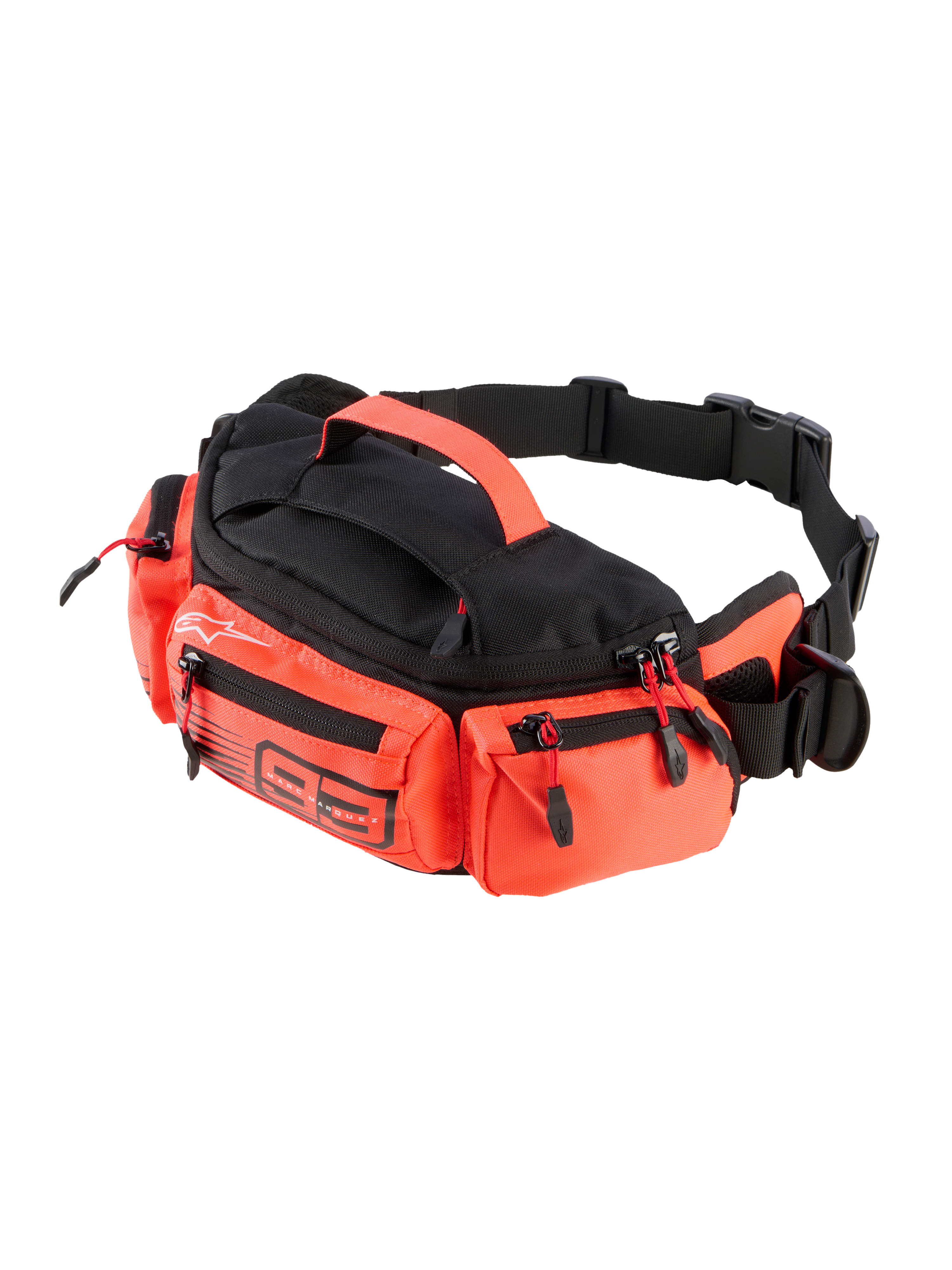 Alpinestars MM93 Waist Bag, praktische Motorrad-Hüfttasche, Schwarz und Fluo-Rot, mehrere Reißverschlussfächer, Tragegriff oben, verstellbarer schwarzer Gurt, Marc Marquez 93 Branding, strapazierfähige wasserabweisende Konstruktion
