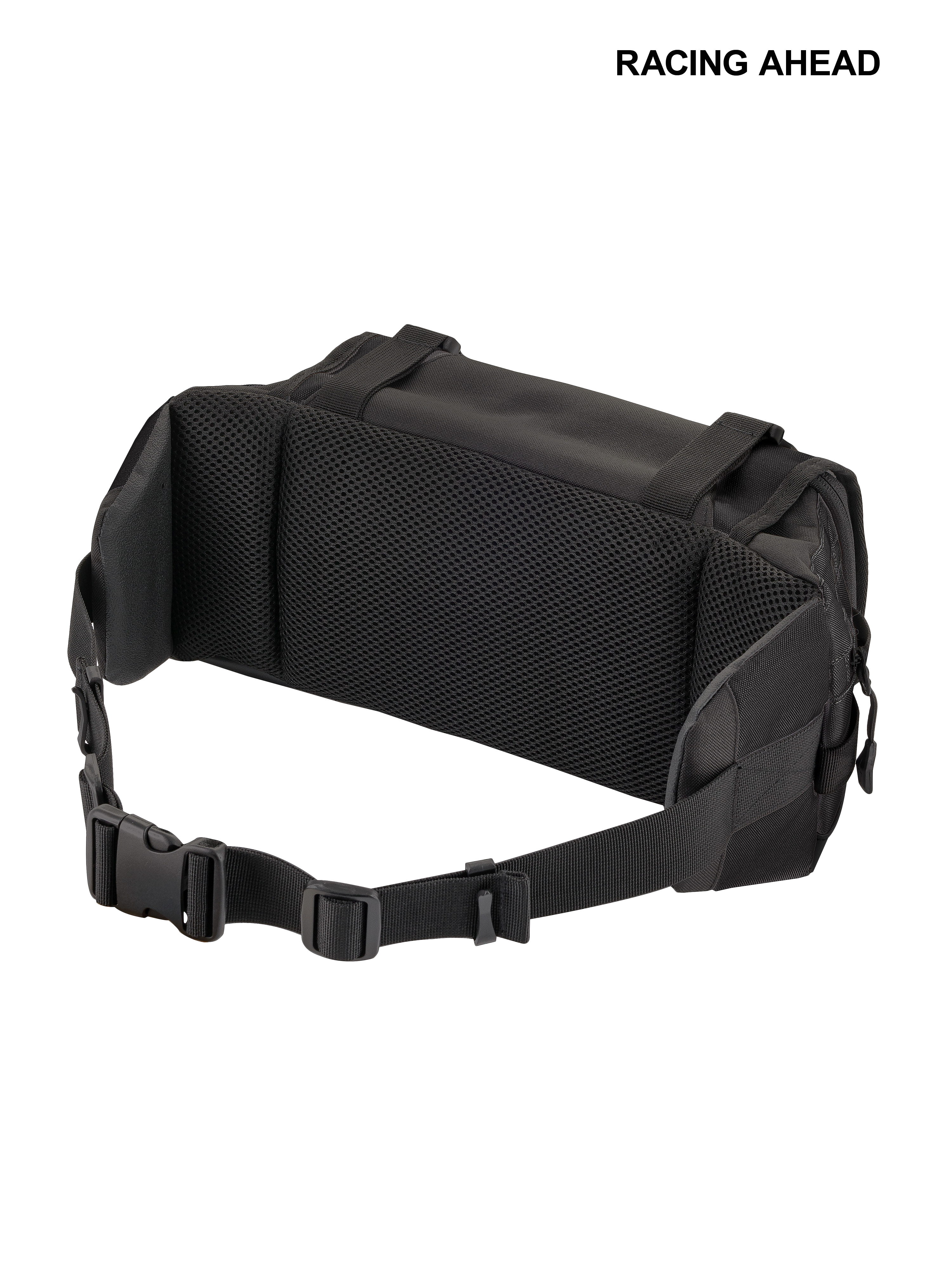 Alpinestars Tech Tool Pack, Enduro- und Motocross-Werkzeugtasche, Schwarz, Rückansicht mit Air-Mesh-Rückenpolsterung zur Belüftung, verstellbarer Hüftgurt mit sicherem Kunststoffverschluss, strapazierfähige Textilkonstruktion für den Offroad-Einsatz