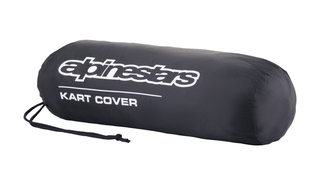 Alpinestars Kart-Abdeckung Aufbewahrungstasche, Schwarz, mit weißem Alpinestars-Logo und „KART COVER“-Schriftzug, zylindrische Form mit Kordelzugverschluss, kompaktes und tragbares Design für Motorsportausrüstung