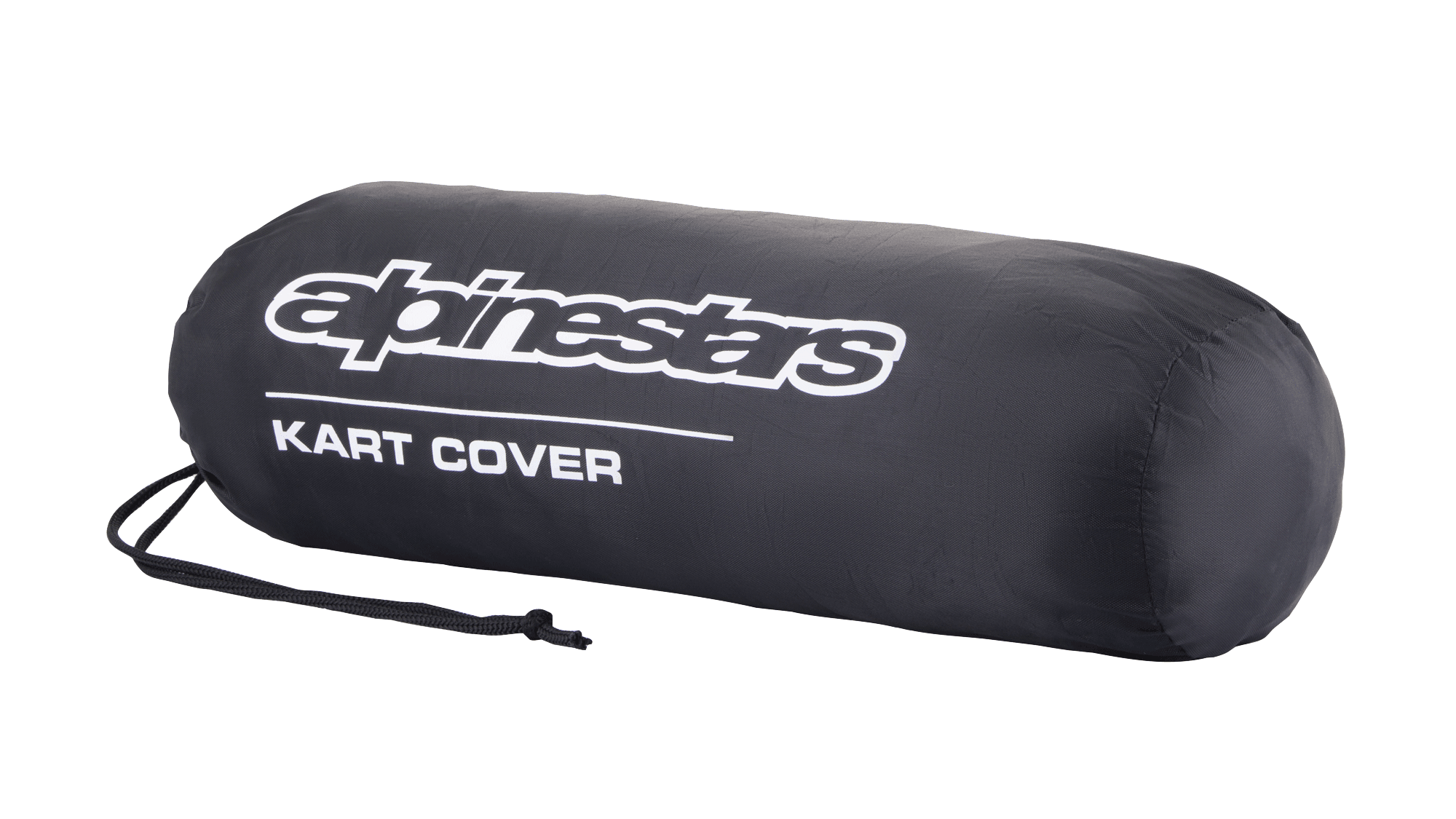 Alpinestars Kart-Abdeckung Aufbewahrungstasche, Schwarz, mit weißem Alpinestars-Logo und „KART COVER“-Schriftzug, zylindrische Form mit Kordelzugverschluss, kompaktes und tragbares Design für Motorsportausrüstung
