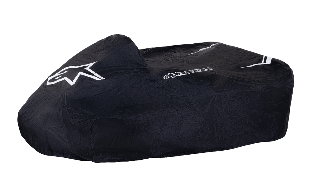 Alpinestars Kart-Abdeckung, Schwarz, mit weißem Alpinestars Stern-Logo und Schriftzug, schützende Go-Kart-Abdeckung, strapazierfähiges wetterfestes Gewebe mit weißen Streifenakzenten, strukturiertes Design für Schutz im Fahrerlager