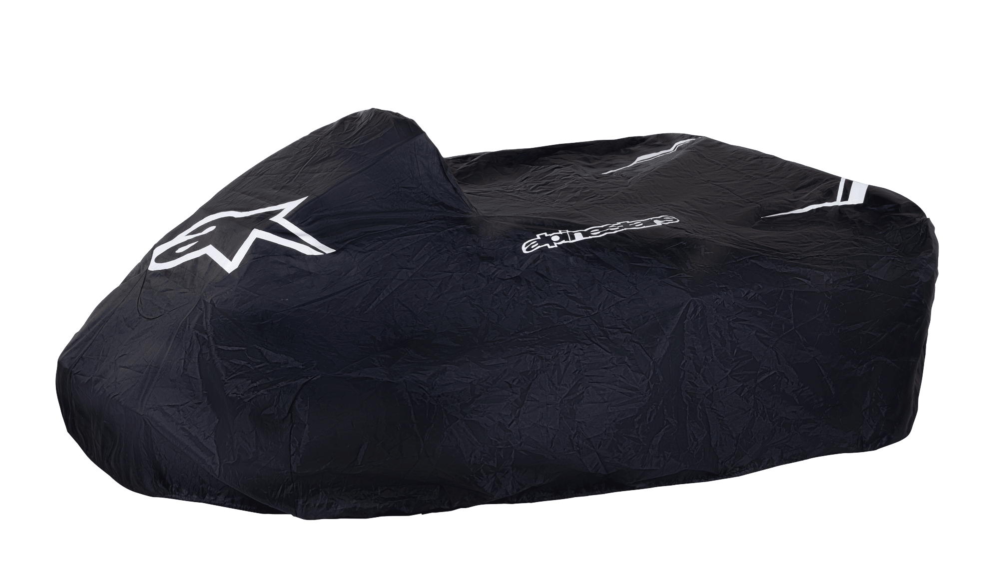 Alpinestars Kart-Abdeckung, Schwarz, mit weißem Alpinestars Stern-Logo und Schriftzug, schützende Go-Kart-Abdeckung, strapazierfähiges wetterfestes Gewebe mit weißen Streifenakzenten, strukturiertes Design für Schutz im Fahrerlager