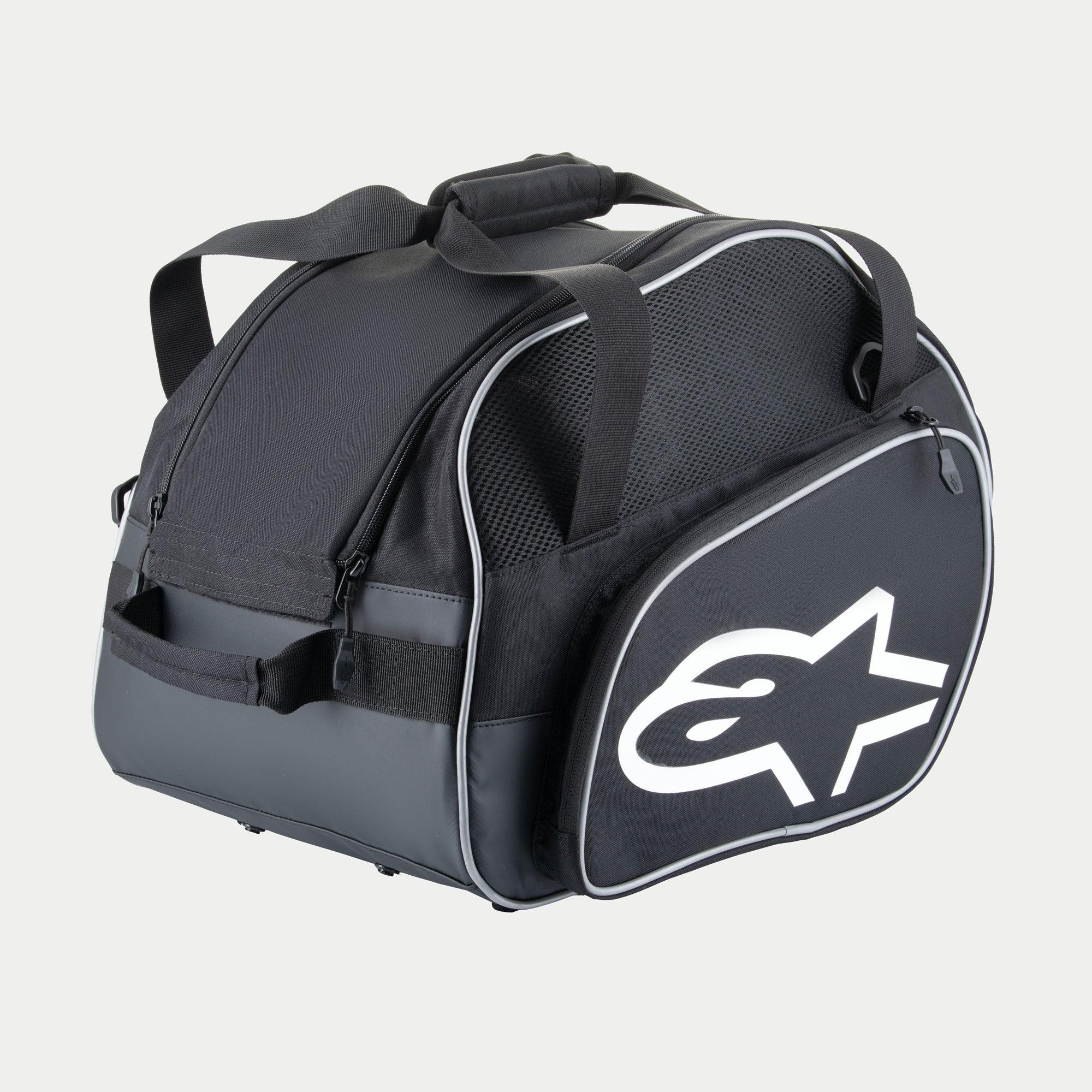 Alpinestars Flow V3 Helmtasche, schützende Aufbewahrung für Integralhelme, Schwarz und Weiß, mit großem weißen Logo auf der Seite, Netz-Einsätzen zur Belüftung und verstärkten Tragegriffen, strapazierfähiges Polyester-Design für Rennausrüstung