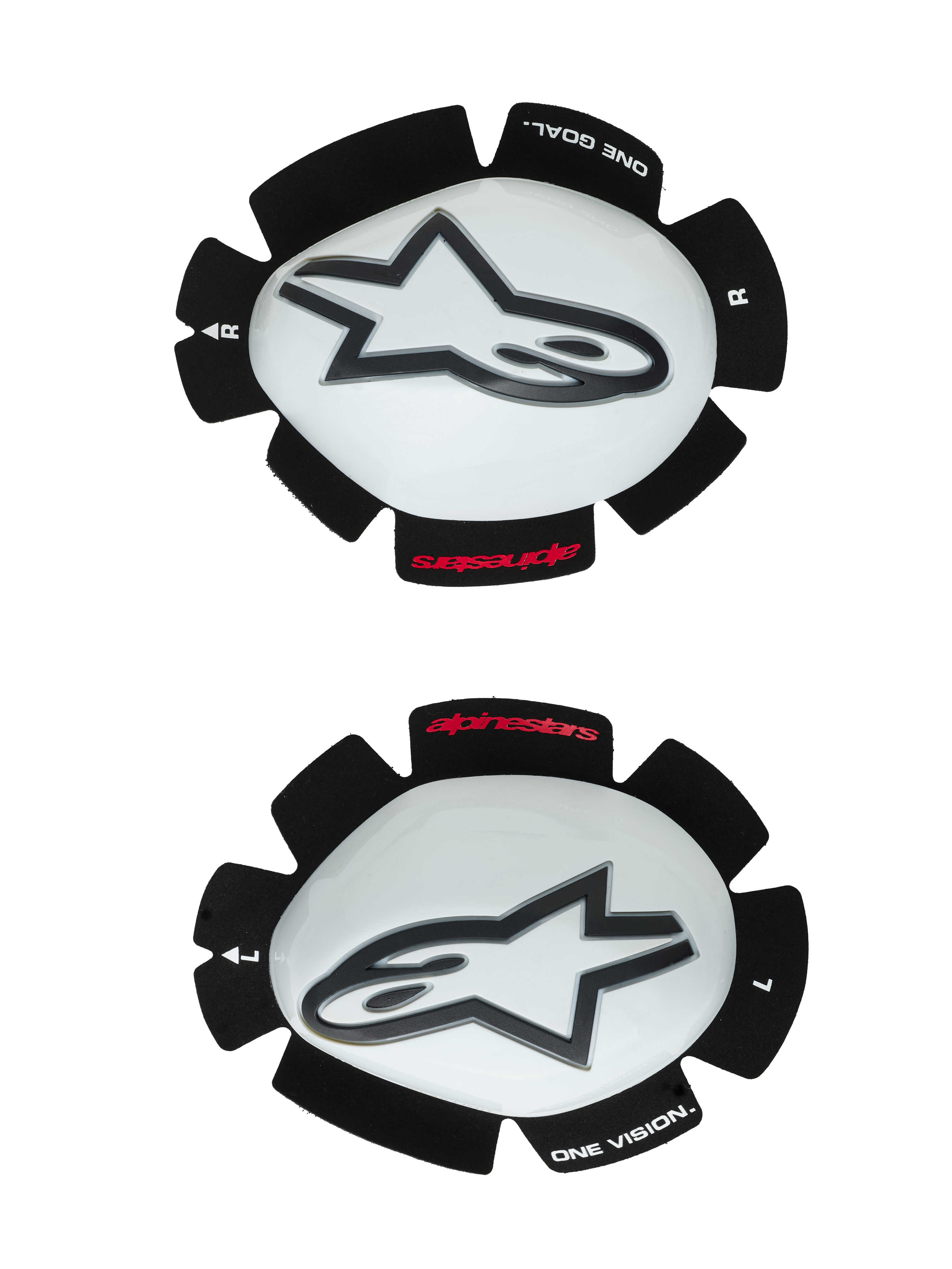 Alpinestars GP Tech Knieschleifer, Motorrad-Knieprotektoren, Weiß und Schwarz, Set aus linkem und rechtem Schleifer mit weißen Kunststoffschalen und schwarzen Astar-Logos, Klettverschluss-Rückseite mit „ONE GOAL ONE VISION“-Schriftzug, Hochleistungs-Rennausrüstung