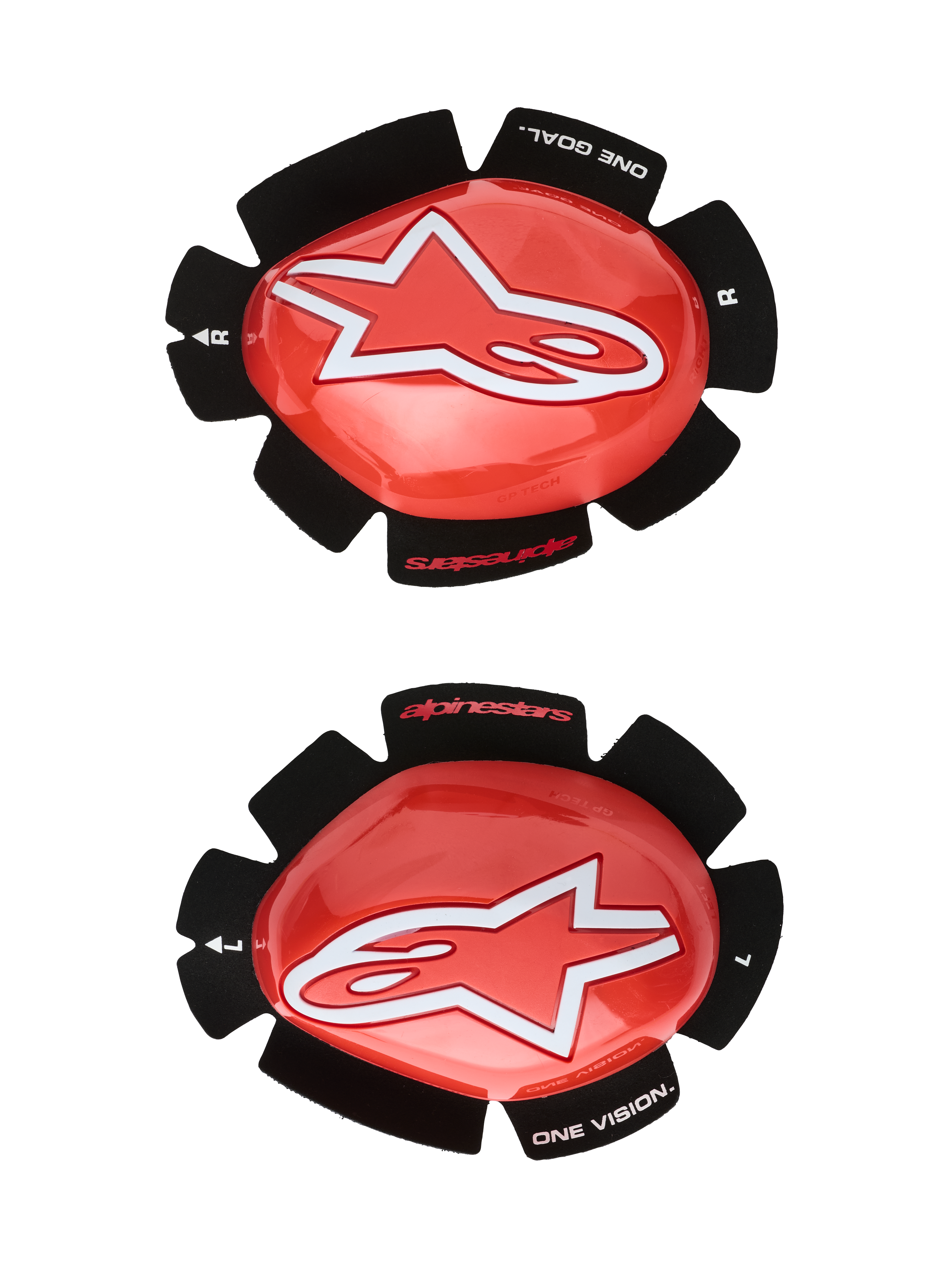 Alpinestars GP Tech Knieschleifer, Rot und Weiß, Motorrad-Rennsport-Knieschützer, großes weißes Stern-Logo auf glänzendem rotem Kunststoff, Schriftzug „ONE GOAL. ONE VISION.“ auf schwarzer, blütenblattförmiger Klett-Rückseite, Paar für links und rechts für den Einsatz auf der Rennstrecke.