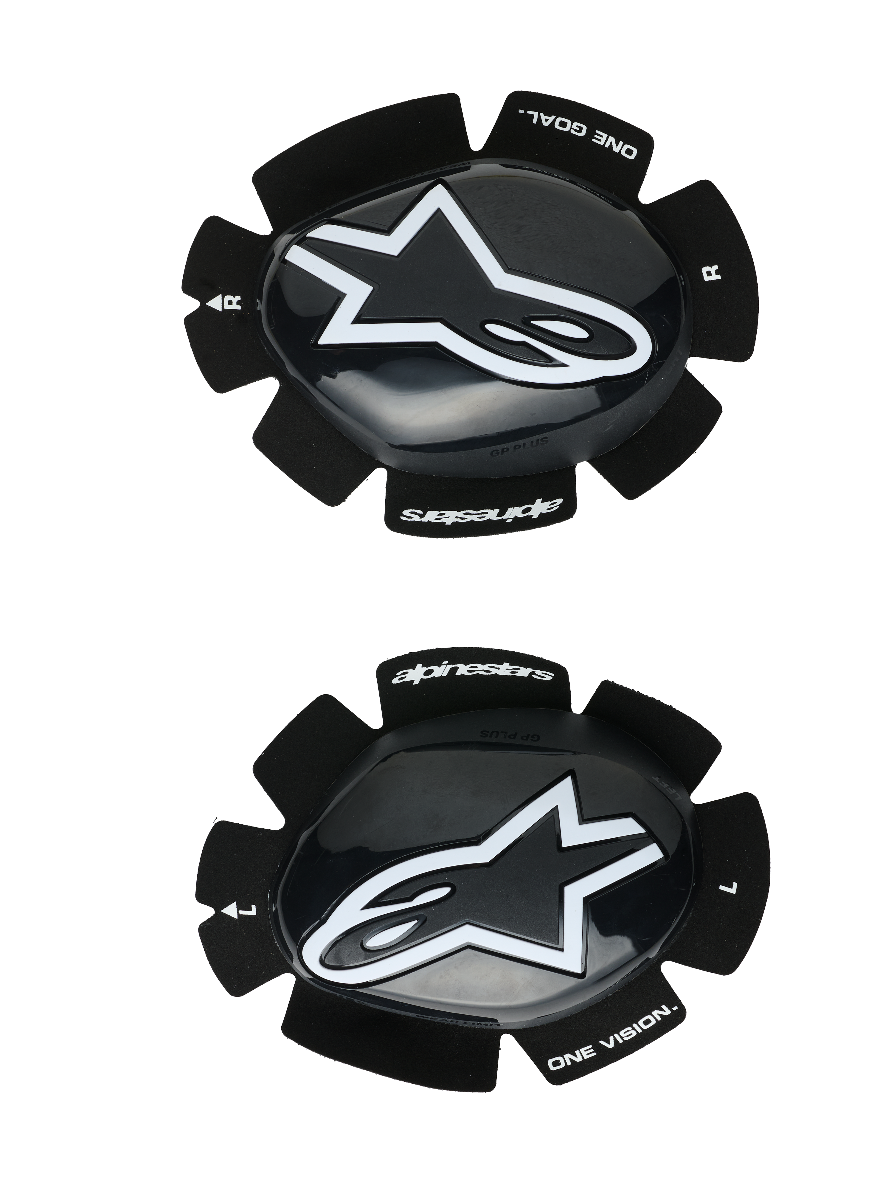 Alpinestars GP Plus Knieschleifer, Motorrad-Rennknieschleifer, Schwarz-Weiß, glänzende Oberfläche mit weißem Stern-Logo, Klettverschluss-Befestigungssystem, mit „One Goal One Vision“ Branding, Set für links und rechts