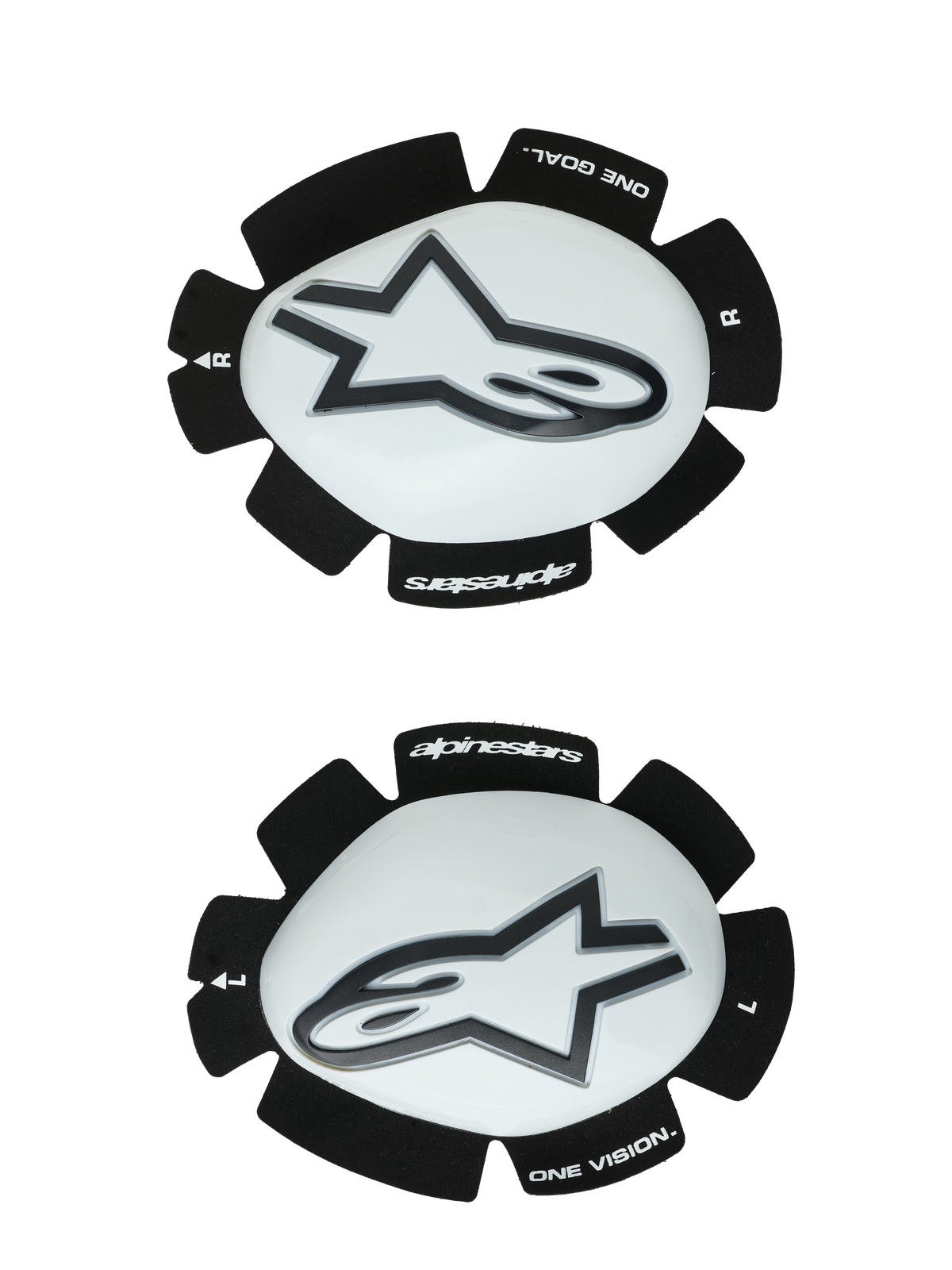 Alpinestars GP Plus Knieschleifer, Weiß und Schwarz, Motorrad-Rennknieschützer, Paar mit linkem und rechtem Schleifer, weiße Kunststoffoberflächen mit schwarzen Astars-Logos, wellenförmige schwarze Klettrückseite mit 'ONE GOAL' und 'ONE VISION' Branding