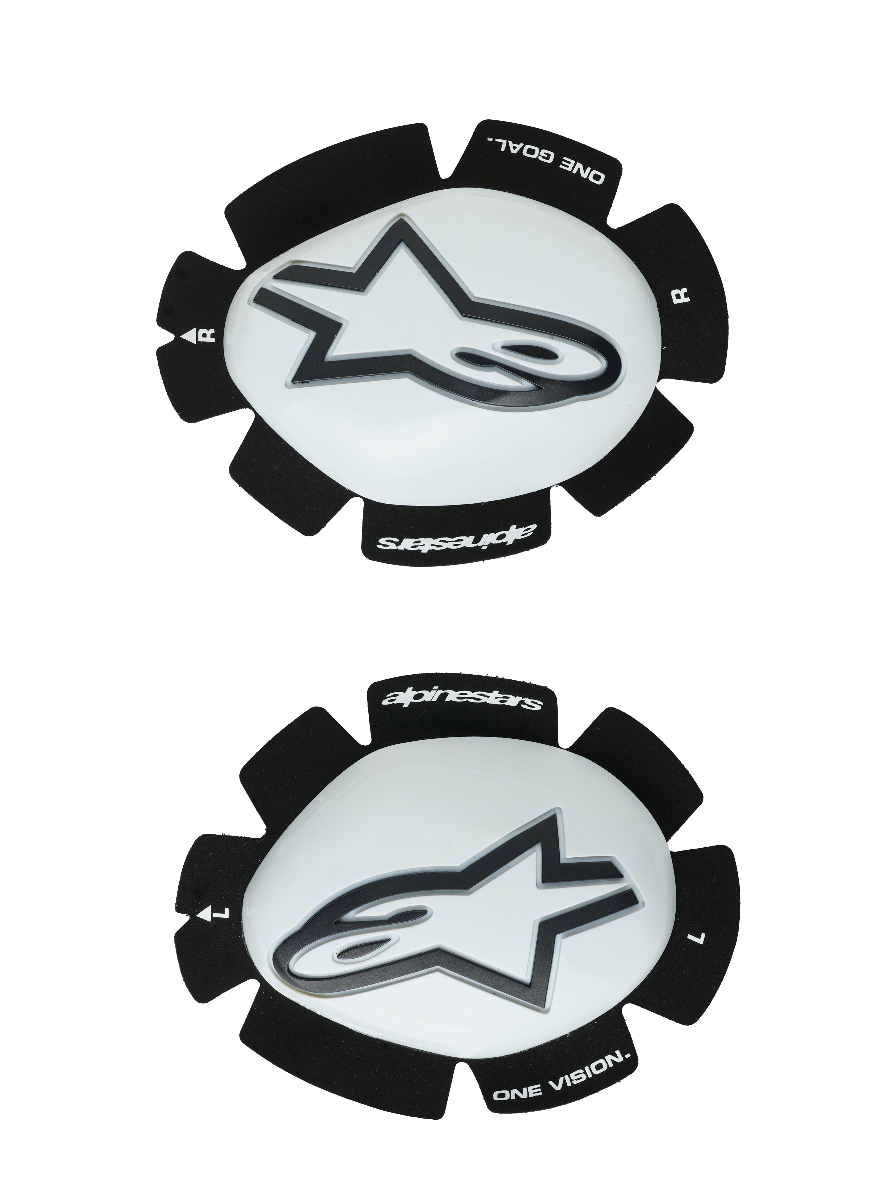 Alpinestars GP Plus Knieschleifer, Weiß und Schwarz, Motorrad-Rennknieschützer, Paar mit linkem und rechtem Schleifer, weiße Kunststoffoberflächen mit schwarzen Astars-Logos, wellenförmige schwarze Klettrückseite mit 'ONE GOAL' und 'ONE VISION' Branding