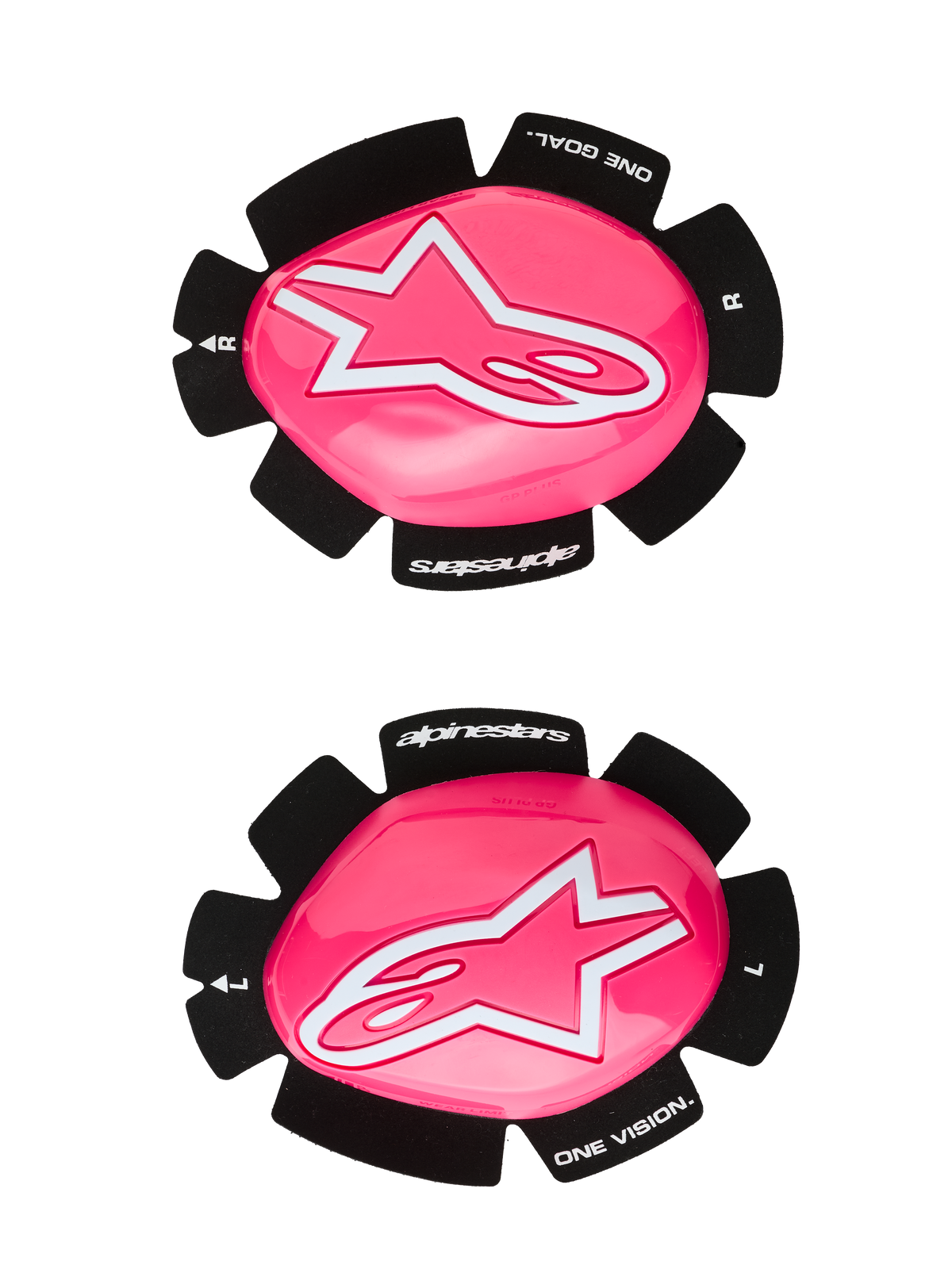 Alpinestars GP Plus Knieschleifer, Motorrad-Rennknieschleifer, Pink Fluo und Weiß, Set aus linkem und rechtem Schleifer, glänzende pinkfarbene Oberfläche mit weißen Stern-Logos, schwarze Rückseite mit „One Goal One Vision“-Schriftzug, langlebige Kunststoffkonstruktion für Rennstrecke und Straße