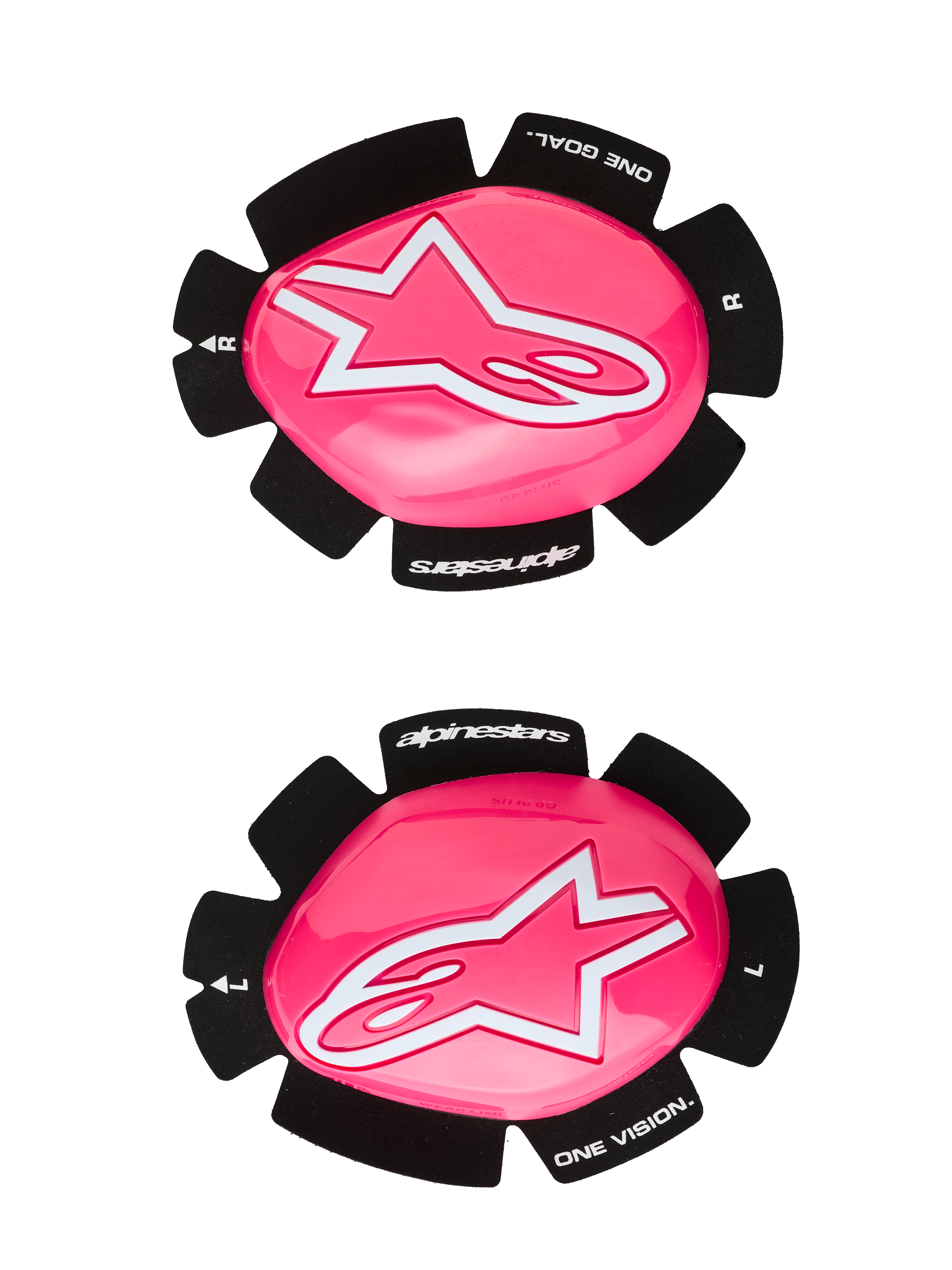 Alpinestars GP Plus Knieschleifer, Motorrad-Rennknieschleifer, Pink Fluo und Weiß, Set aus linkem und rechtem Schleifer, glänzende pinkfarbene Oberfläche mit weißen Stern-Logos, schwarze Rückseite mit „One Goal One Vision“-Schriftzug, langlebige Kunststoffkonstruktion für Rennstrecke und Straße
