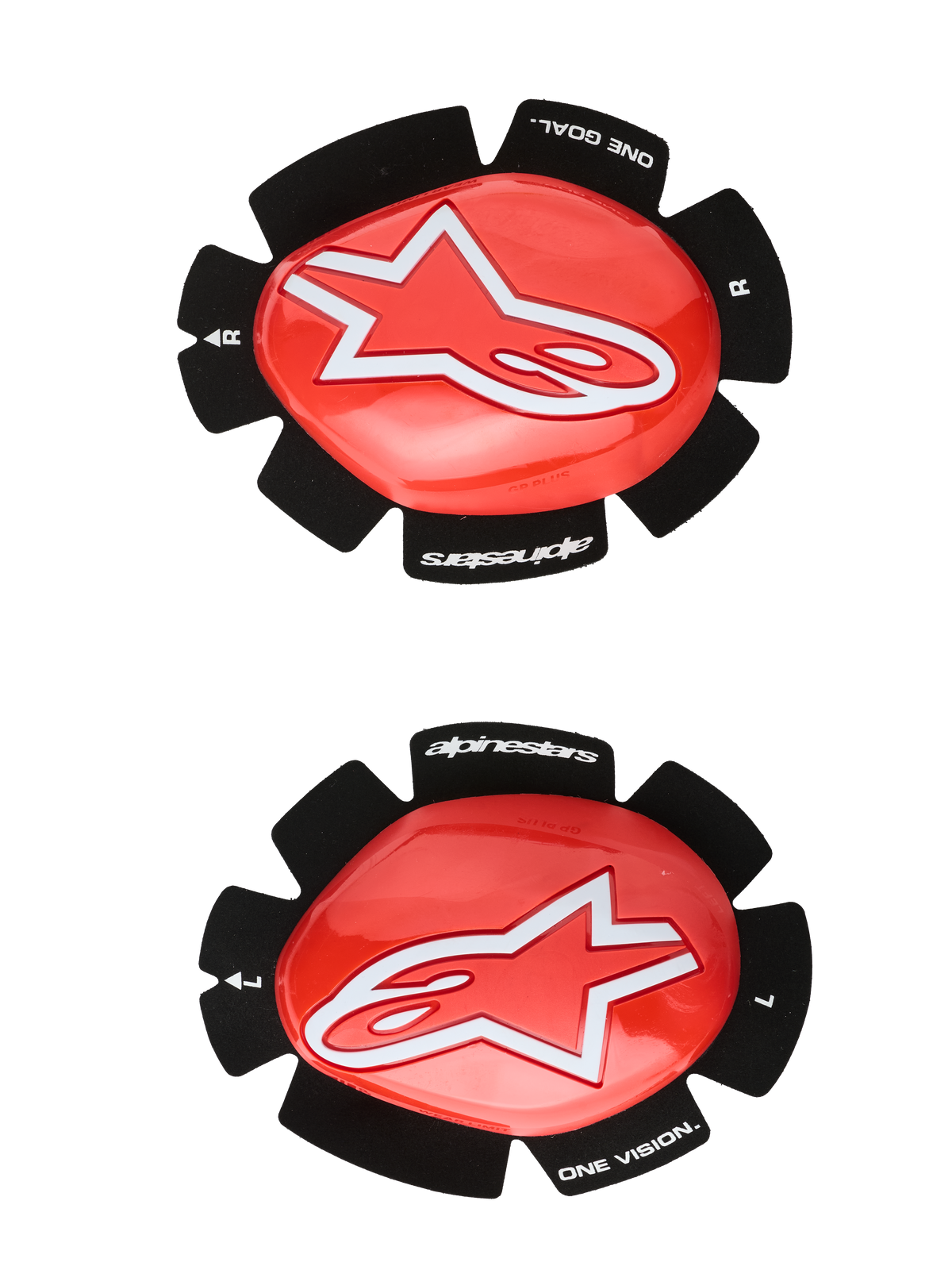 Alpinestars GP Plus Knieschleifer, Motorrad-Rennsport-Knieschutz, Rot und Schwarz, weißes Stern-Logo, „ONE GOAL. ONE VISION.“ Branding, Klettverschluss-Befestigungspads, Paar für links und rechts
