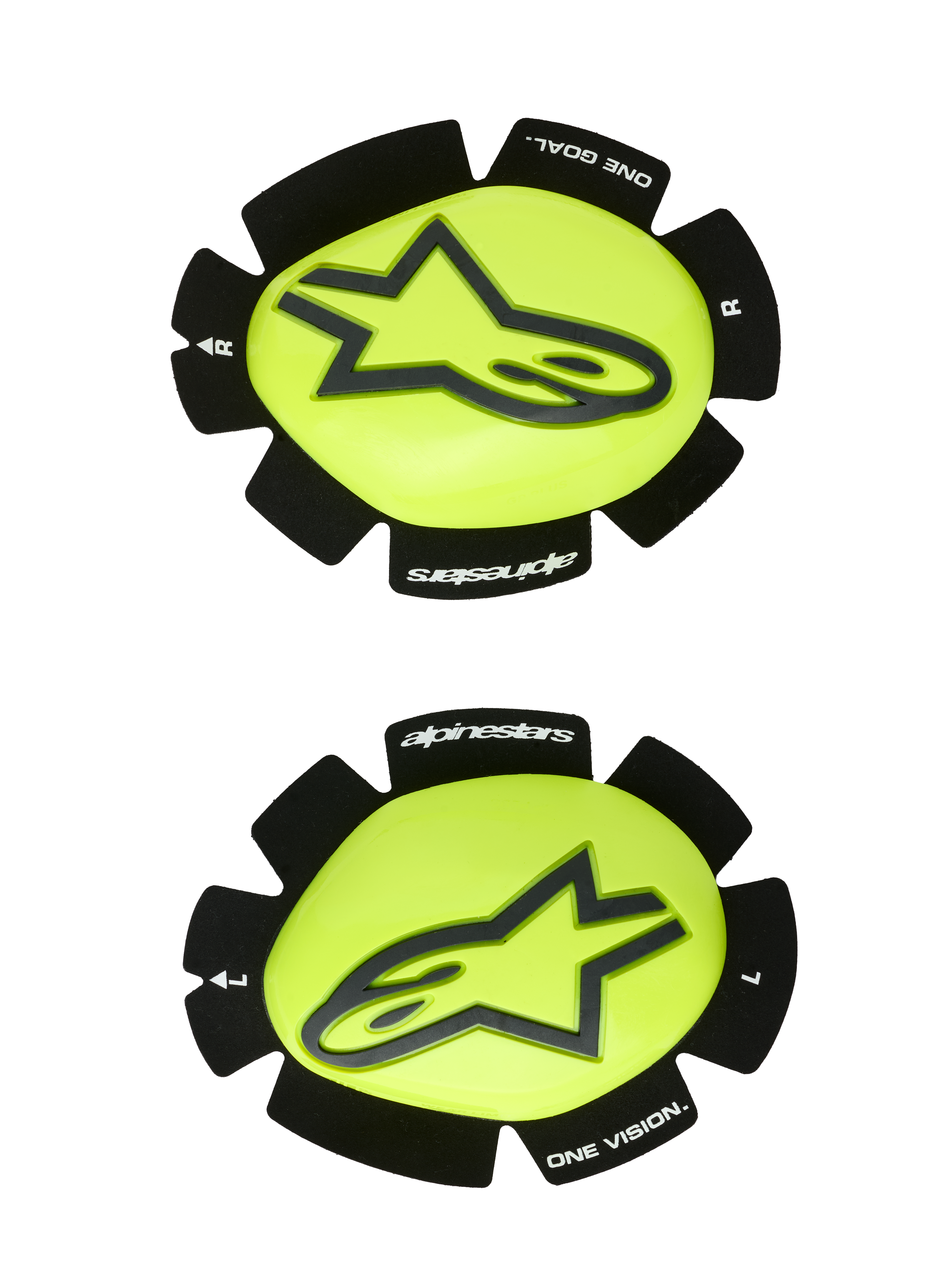 Alpinestars GP Plus Knieschleifer, Motorrad-Rennknieschleifer, Gelb Fluo und Schwarz, Paar (links und rechts) mit schwarzem Stern-Logo auf glänzender gelber Oberfläche, strukturierte schwarze Ränder mit „alpinestars“ und „ONE GOAL ONE VISION“ Branding, entwickelt für Abrieb auf der Rennstrecke
