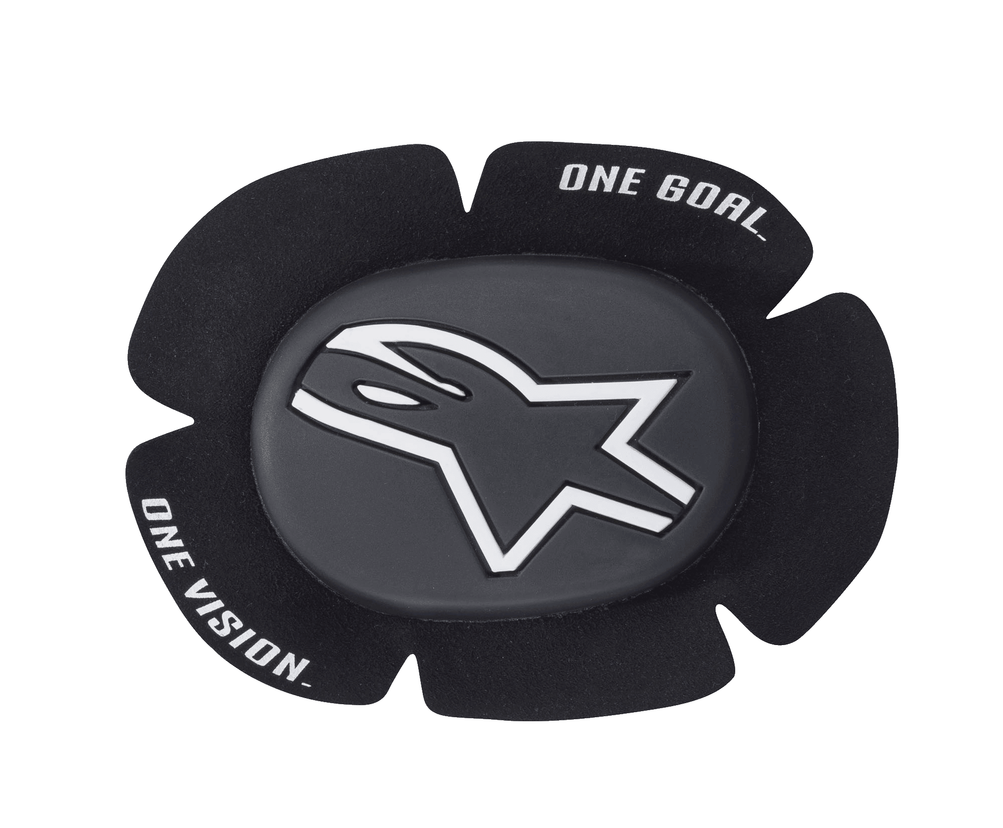 Alpinestars GP Sport Evo Knieschleifer, schwarz-weiße Motorrad-Rennsport-Knieschleifer, mit weißem Stern-Logo auf einem dunkelgrauen Mittelstück, fünfblättriges konturiertes Design mit „ONE GOAL ONE VISION“-Schriftzug, strapazierfähiger TPU-Schutz für Rennstrecke und sportliches Fahren